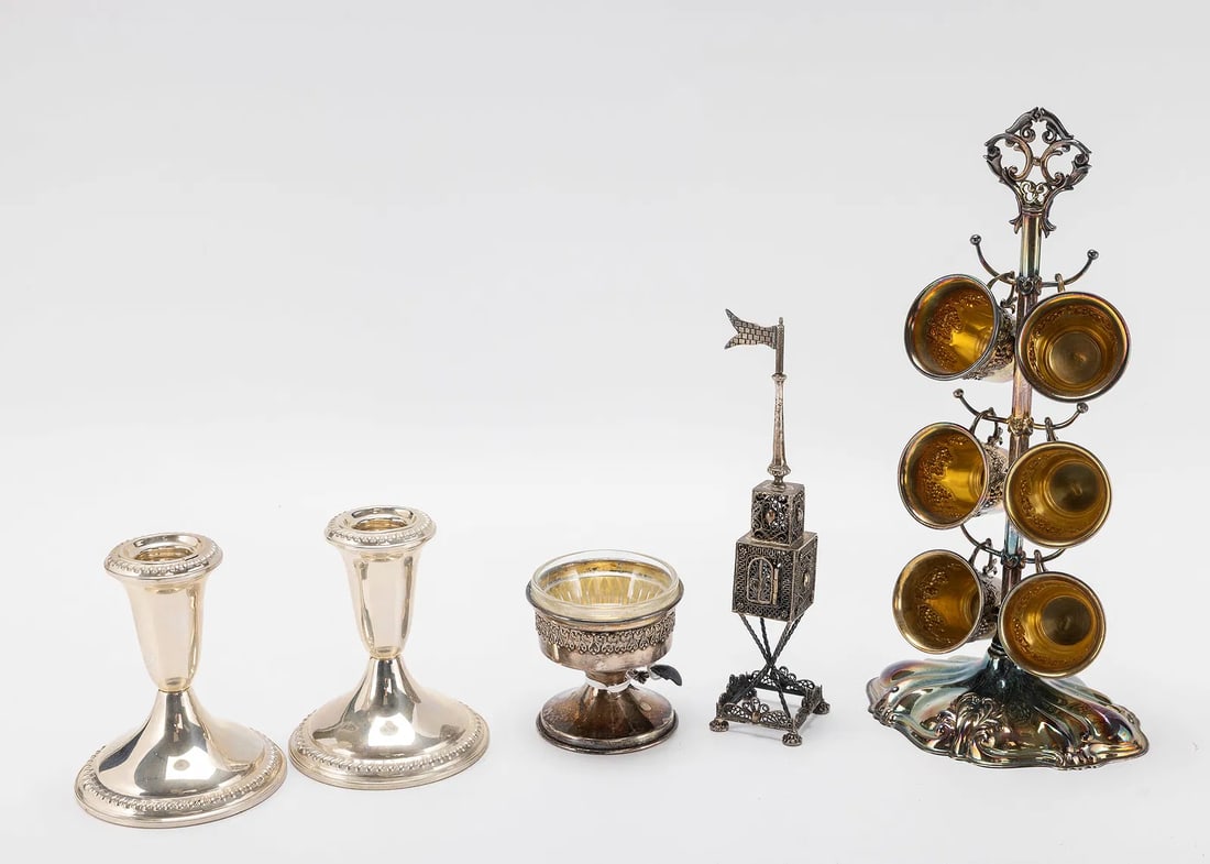 A GROUP OF STERLING SILVER JUDAICA. Israel, modern.: Including a kiddush set that is 10.4" tall, a mezuzah 6.7" long and a honey dish that is 4.2" tall. Total weighable silver is 420 grams total