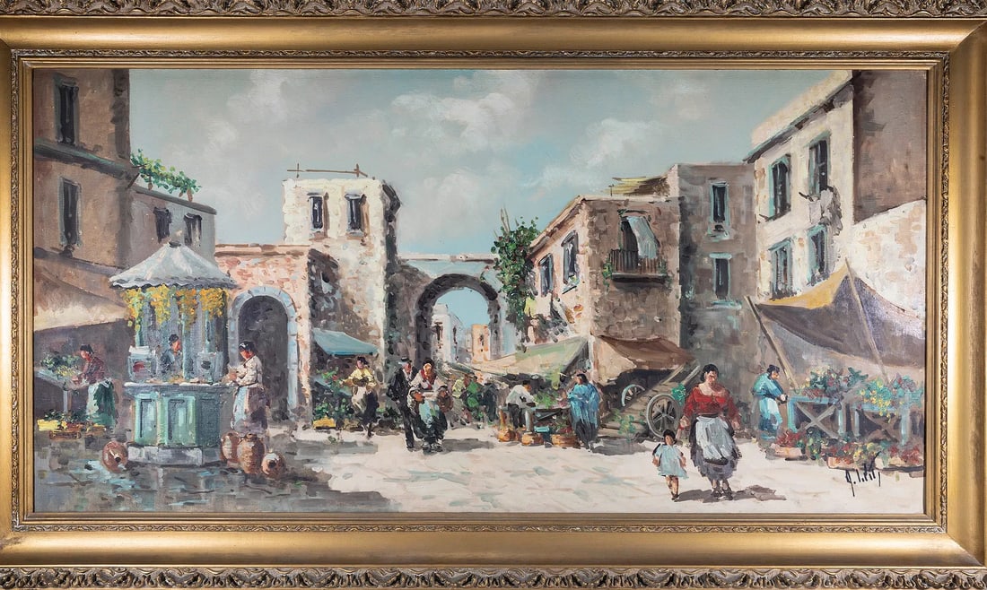 OIL ON CANVAS - MARKET SCENE. Italian school, mid-century.: Most likely depicting the market in a town in Italy. 24" x 48" not including the frame