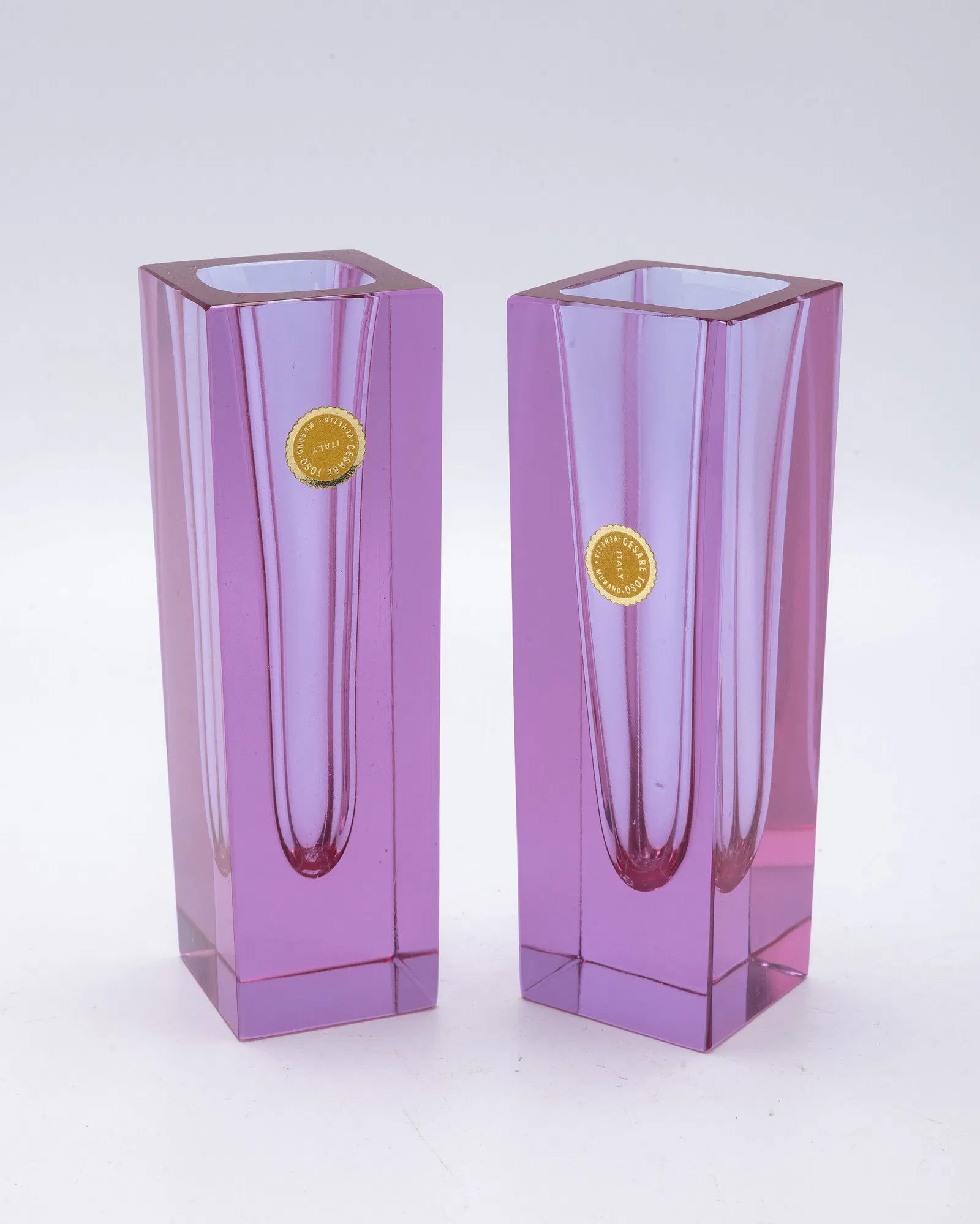 A PAIR OF CESARE TOSO VASES. Italy: Each vase is 5.3" tall. Lavender in color.