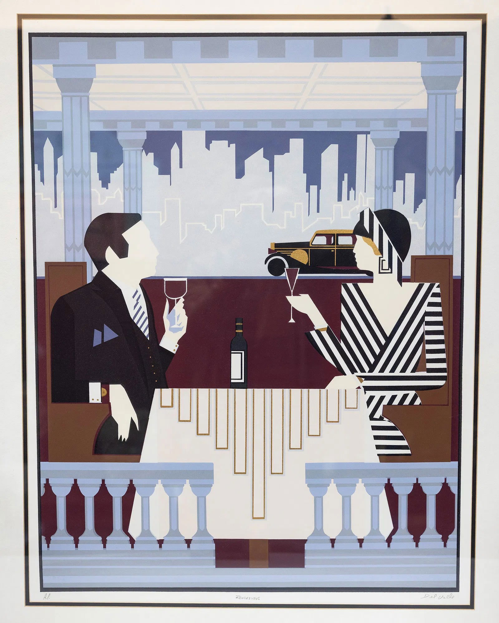 A LARGE ART DECO PRINT BY DEL VALLE. Signed serigraph titled Rendezvous by Del Valle.: A LARGE ART DECO PRINT BY DEL VALLE. Signed serigraph titled “Rendezvous” by Del Valle. Exceptional Art Deco depiction of a dining couple. 38" x 30.5 with frame.