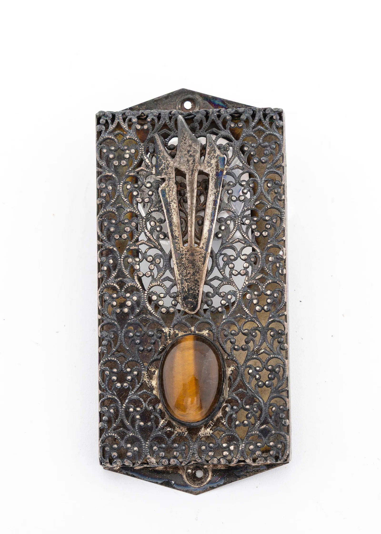 A STERLING SILVER AND TIGER'S EYE MEZUZAH CASE.: Rectangular inshape. Fitted with a "shin" and a polished Tiger's eye stone. Marked. 3" x 1.4" wide.