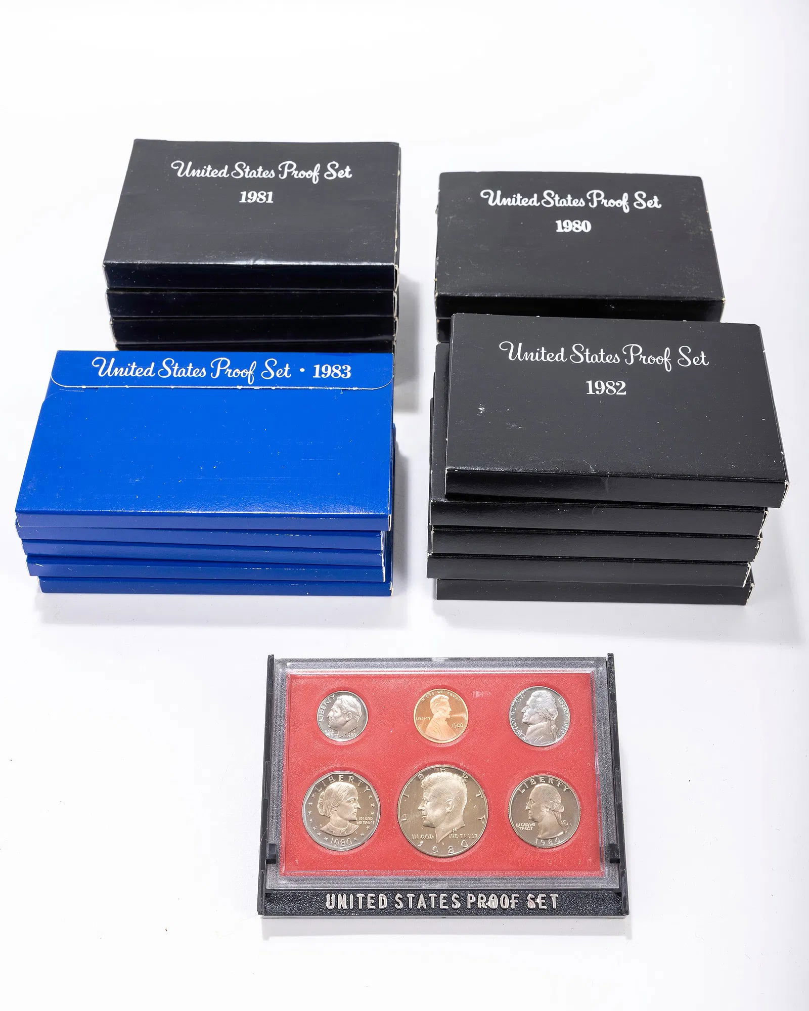 A COLLECTION OF PROOF UNITED STATES COIN SETS FROM THE 1980S.: A COLLECTION OF PROOF SETS FROM THE 1980s. Consisting of 5 sets from 1980, 5 sets from 1981, 5 sets from 1982, 5 sets from 1983