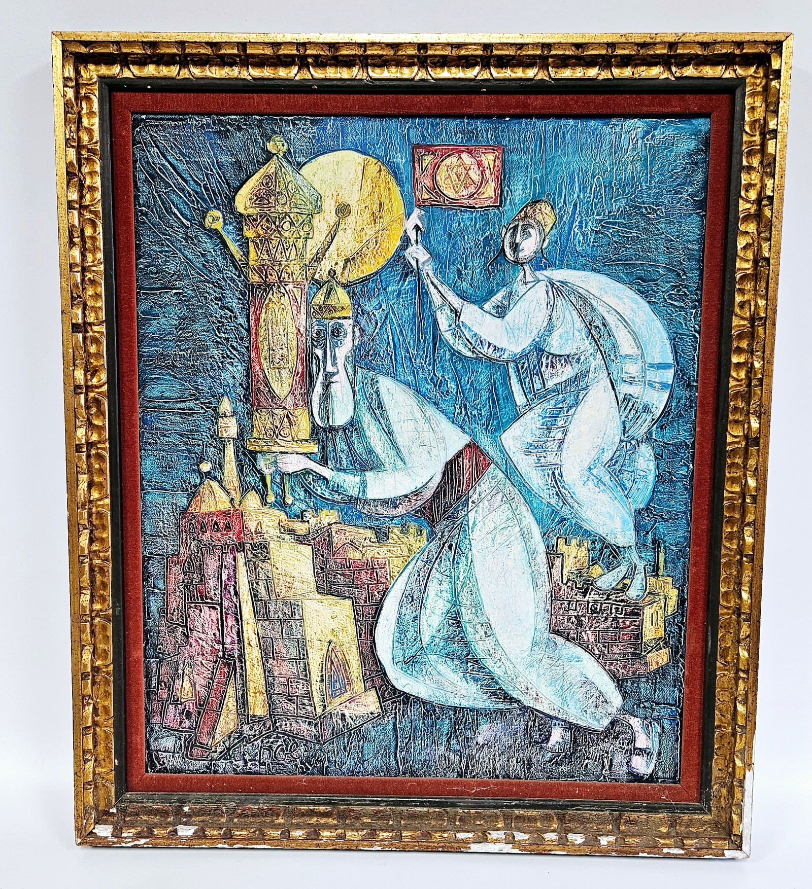 YOSSI STERN - OIL ON CANVAS: Original painting of a rabbinical figure holding a Torah over Jerusalem. 20" x 20" With original lable from Safrai Arts gallery in Jerusalem