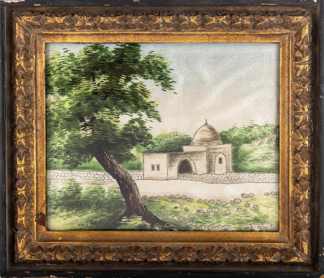 SILK EMBROIDERY OF RACHEL's TOMB. Jerusalem, first half 20th century.: SILK EMBROIDERY OF RACHELS TOMB. Jerusalem, first half 20th century. 11.5" x 9.5".