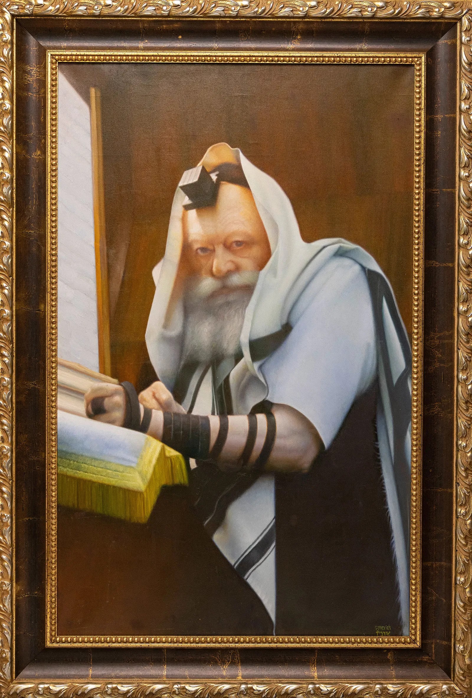 A LARGE PRINT ON CANVAS BY EDUARD GUREVICH. Large print on canvas of the Lubavitcher (Chabad) Rebbe: A LARGE PRINT ON CANVAS BY EDUARD GUREVICH. Large print on canvas of the Lubavitcher (Chabad) Rebbe at 770 in an iconic pose on the bima 27.5” x 44.5”.