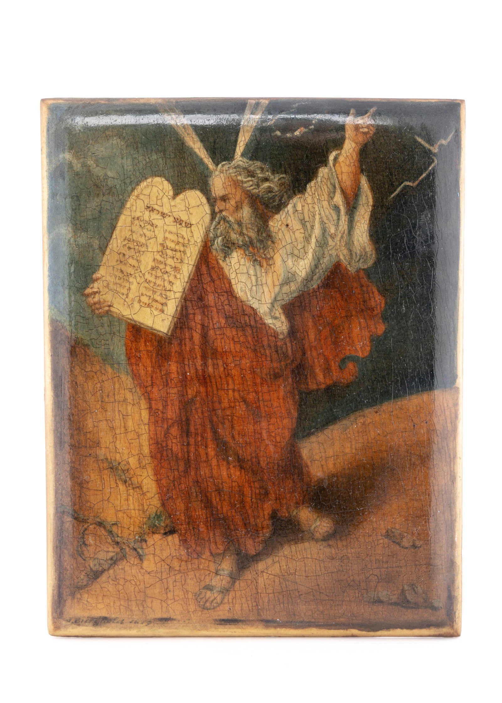 MOSES AND THE DECALOGUE. Oil on wood, 1879: Oil on wood. Painted in 1879. Signed "Bingholm?". 5.7" x 4.5"