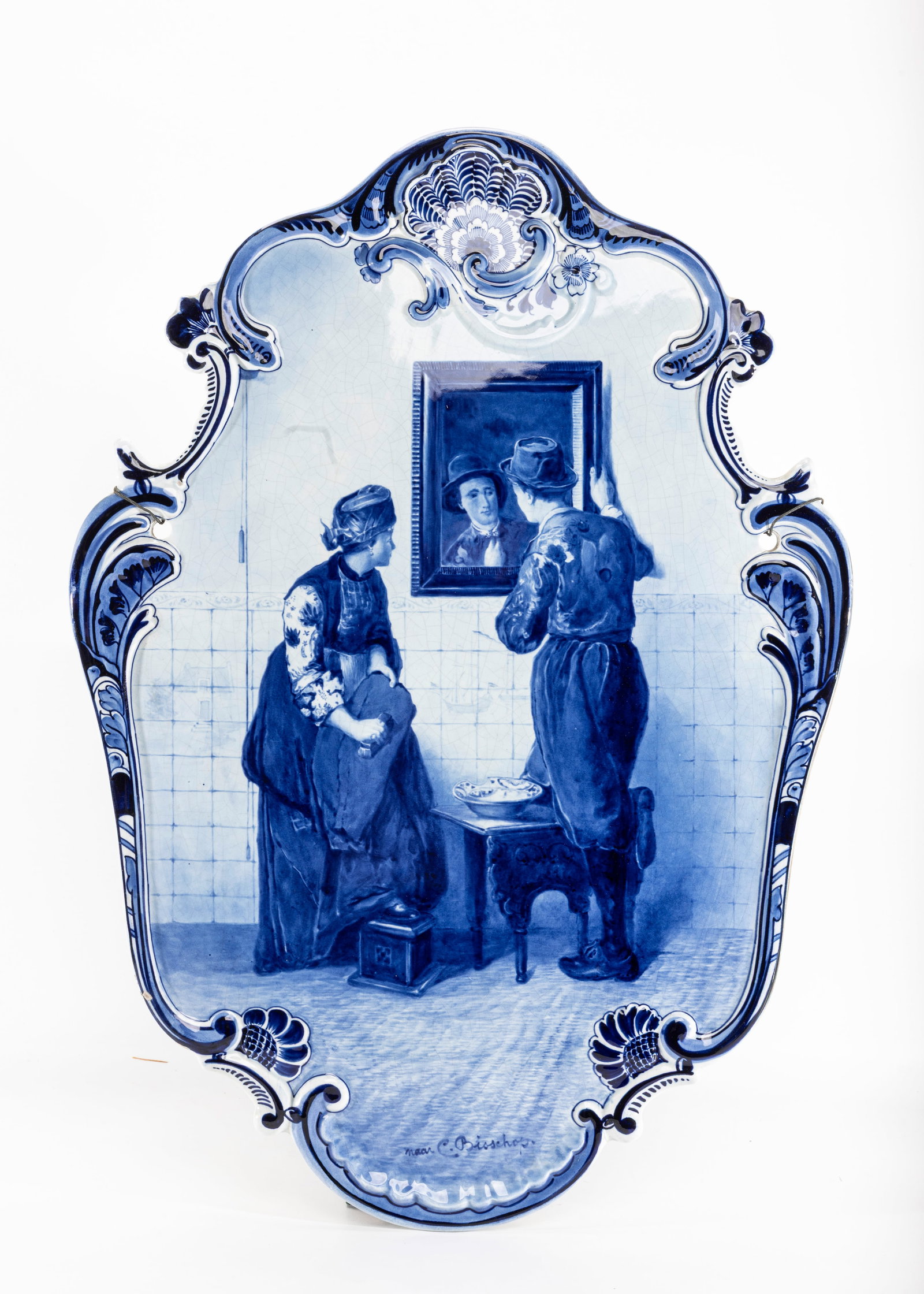 A LARGE ANTIQUE DELFT WALL PLATE AFTER A PAINTING BY C. BISSCHOP (1 of 4)