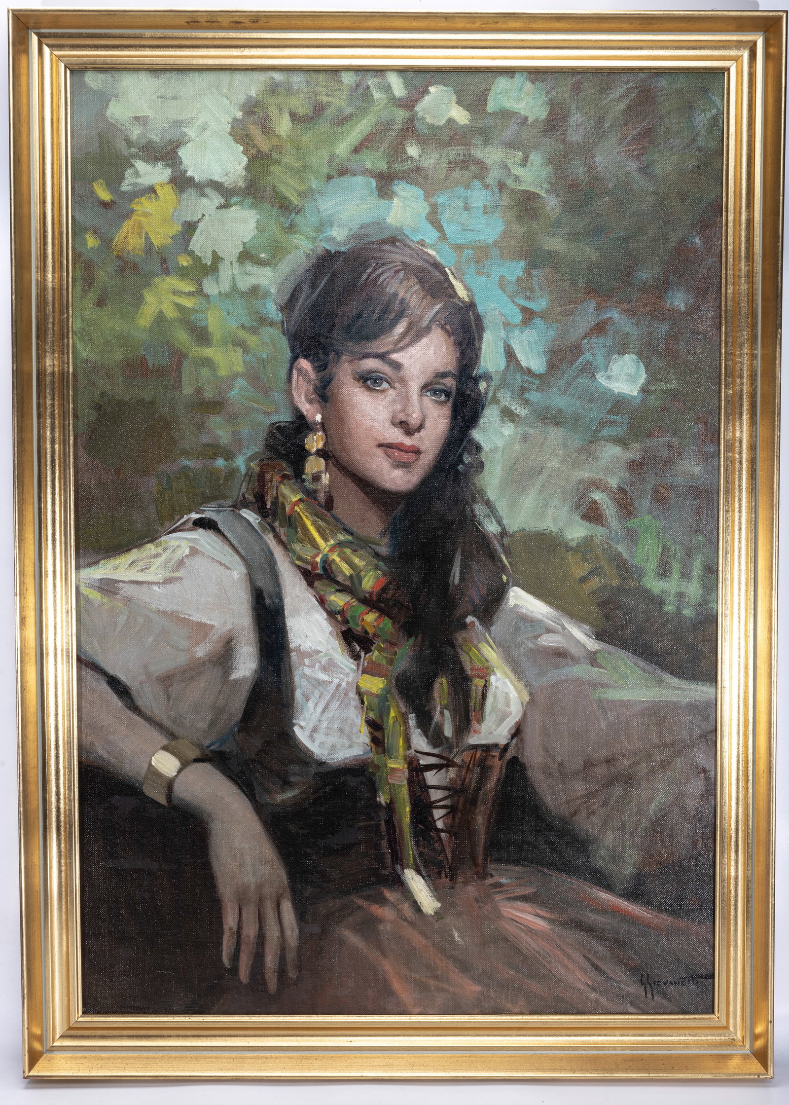 OIL ON CANVAS. Giordano Giavanetti (Italy, 1906 - 1973). Young Woman: Large painting of a late 20's - Early 30's young lady in period European garb. 38" x 26"