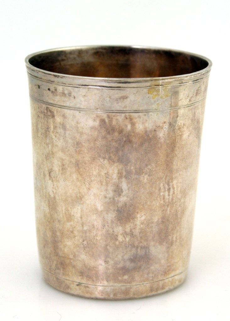 AN EARLY AND RARE SILVER KIDDUSH BEAKER. Moscow, 1747.: AN EARLY AND RARE SILVER KIDDUSH BEAKER. Moscow, 1747. Cylindrical in form. 3.2” tall.