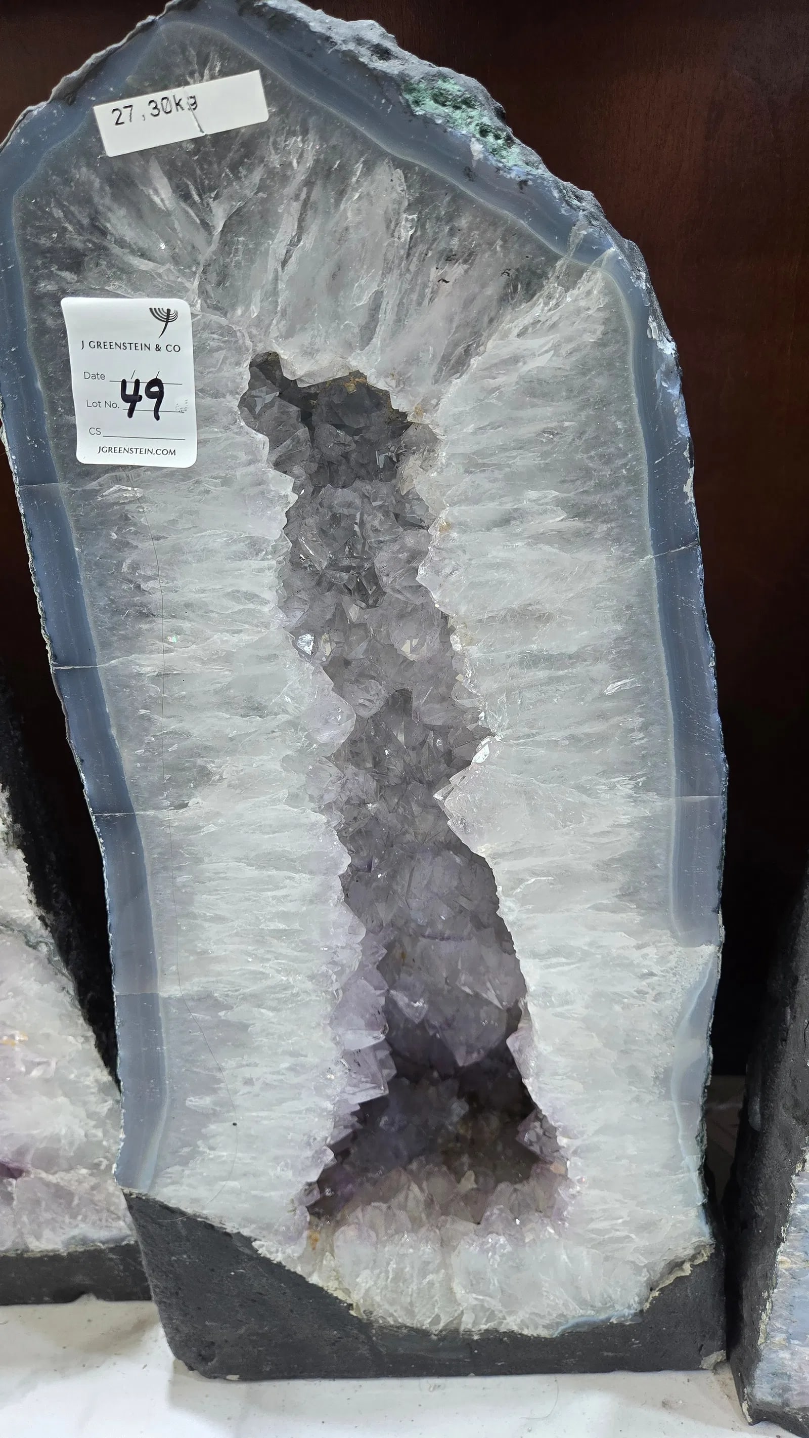 HIGHLY POLISHED AMETHYST GEODE. HUGE AND MAGNIFICENT: Light in color. With a nice soft blue polished rim. 27.3 kilograms and 20" tall.