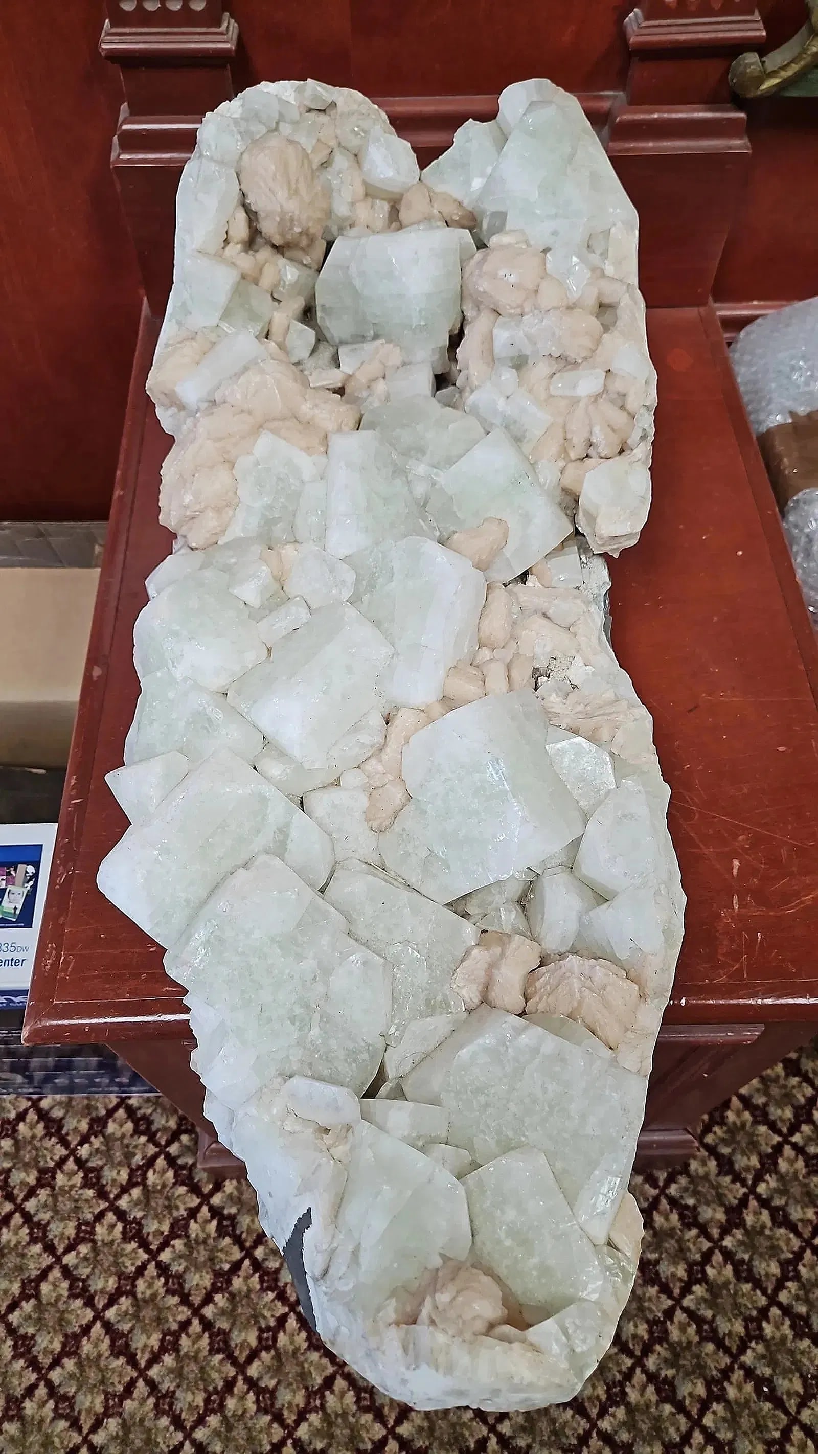A MASSIVE APOPHYLLITE SPECIMEN WITH STILBITE: 28" LONG AND 11.5" WIDE HERE IS ONE OF THE MOST GORGEOUS APOPHYLLITE SPECIMENS WITH STILBITE THAT I HAVE EVER HAD