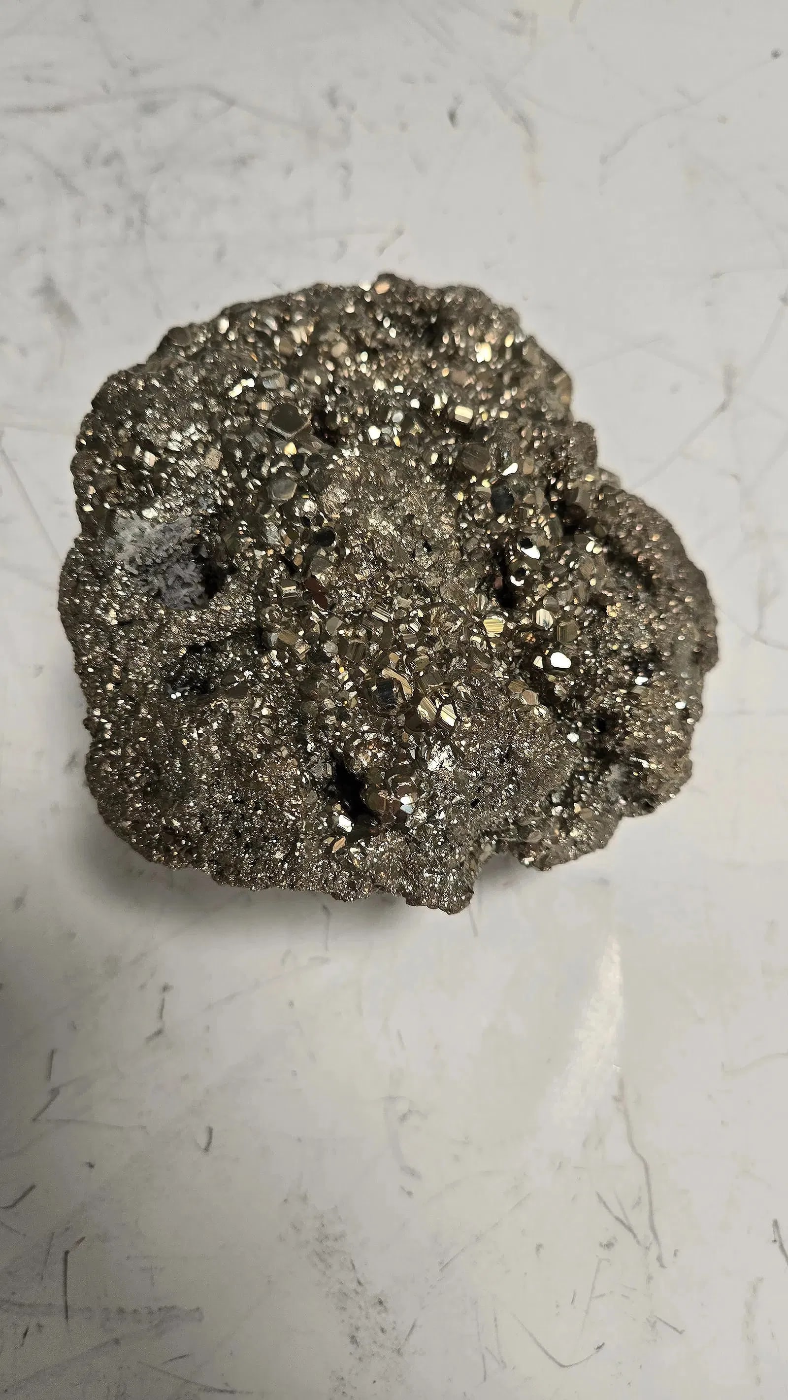 PYRITE “FOOL’S GOLD" FORMATION: 4.7” x 3” x 4.2”. Weight is 1627.8 grams.