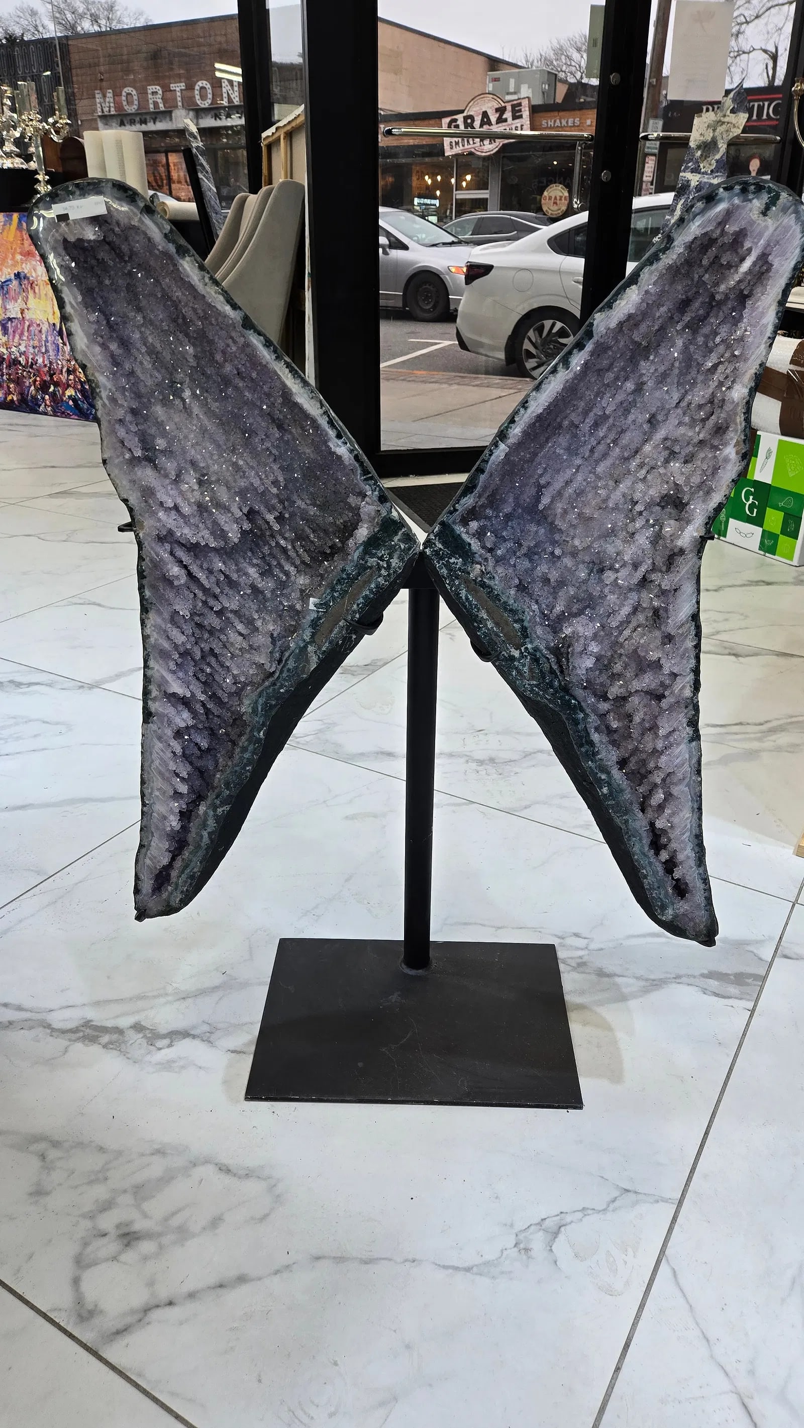 A PAIR OF MAGNIFICENT AMETHYST WINGS ON A STAND (1 of 6)