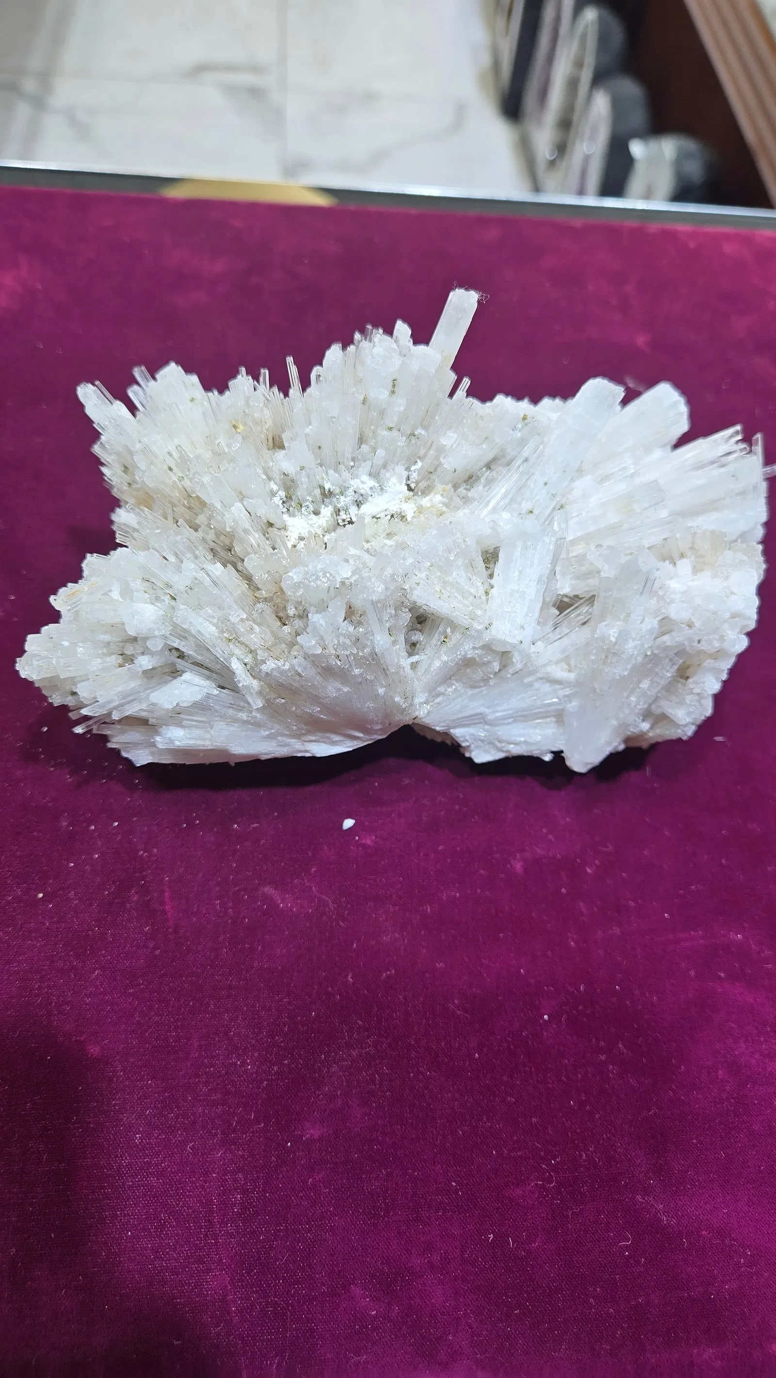 A RARE SCOLECITE SPECIMEN FORMATION: Rare and delicate scolecite specimen from the Deccan Basalts, Aurangabad, Maharashtra, India 6.5" wide.