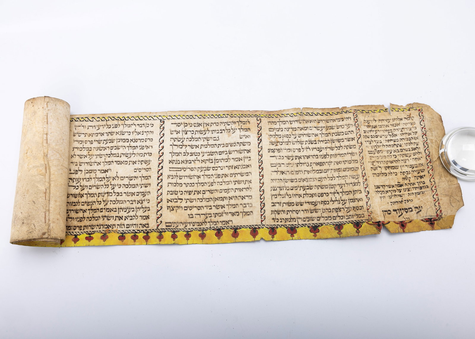 AN EARLY DECORATED MEGILLAH SCROLL. Italy, 19th century.: Beutifully written in Italian script. With additional brachot in the begining. 7.6" tall