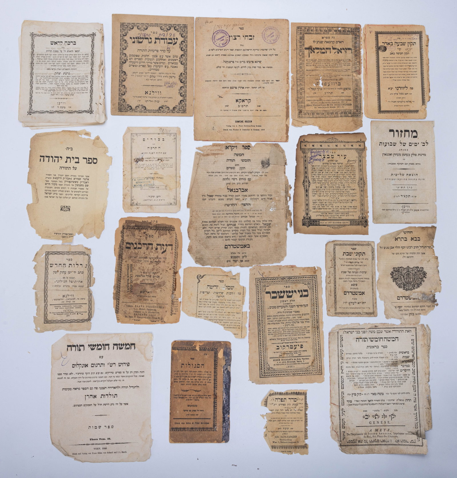 A COLLECTION OF RARE TITLE PAGES FROM ANTIQUE SEFORIM FROM PRE-WAR EUROPE. 17th, 18th,19th and early: A COLLECTION OF RARE TITLE PAGES FROM ANTIQUE SEFORIM FROM PRE-WAR EUROPE. 17th, 18th,19th and early 20th centuries. Including Raziel Hamelakh (Yusifov, Poland, 1873), Tikkun Shevah BeAdar (Livorno,