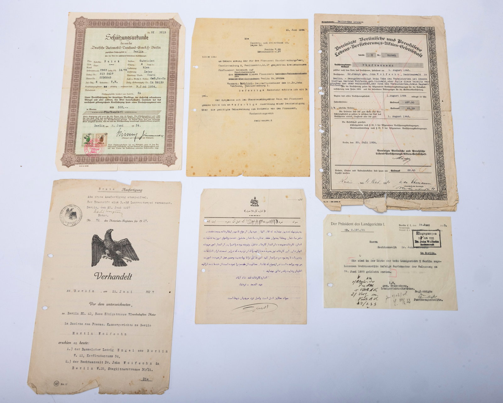 A COLLECTION OF EUROPEAN-PALESTINE DOCUMENTS. Including many receipts, letters, notices from Berlin, (1 of 8)