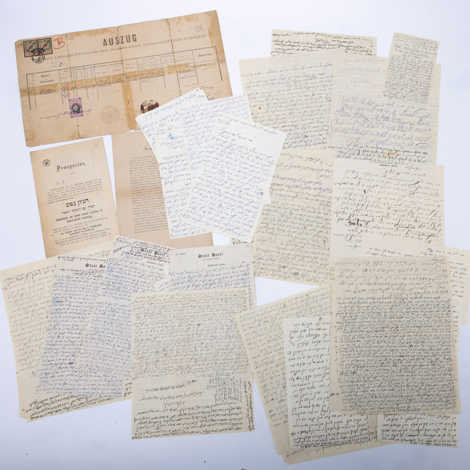 A COLLECTION OF YIDDISH AND HEBREW CORRESPONDENCES. Worldwide, mainly in the early 20th century. Inc: A COLLECTION OF YIDDISH AND HEBREW CORRESPONDENCES. Worldwide, mainly in the early 20th century. Includes 47 letters mostly handwritten and signed. Vilna, American, Middle Eastern and others. Estimate