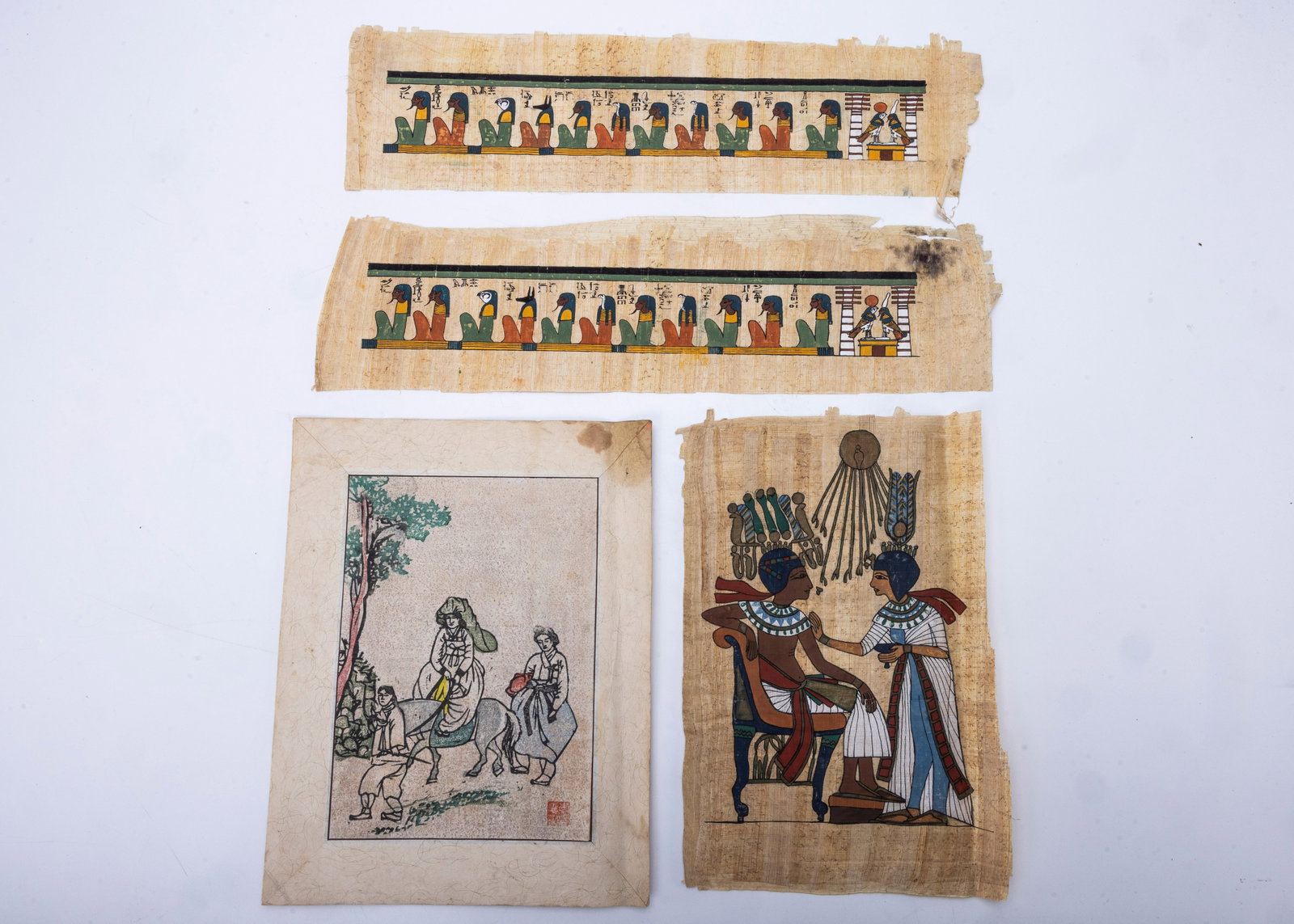 THREE EGYPTIAN PAPYRUS PAINTINGS AND A KOREAN PAINTING. 19th/20th century. The Egyptian in trad (1 of 7)