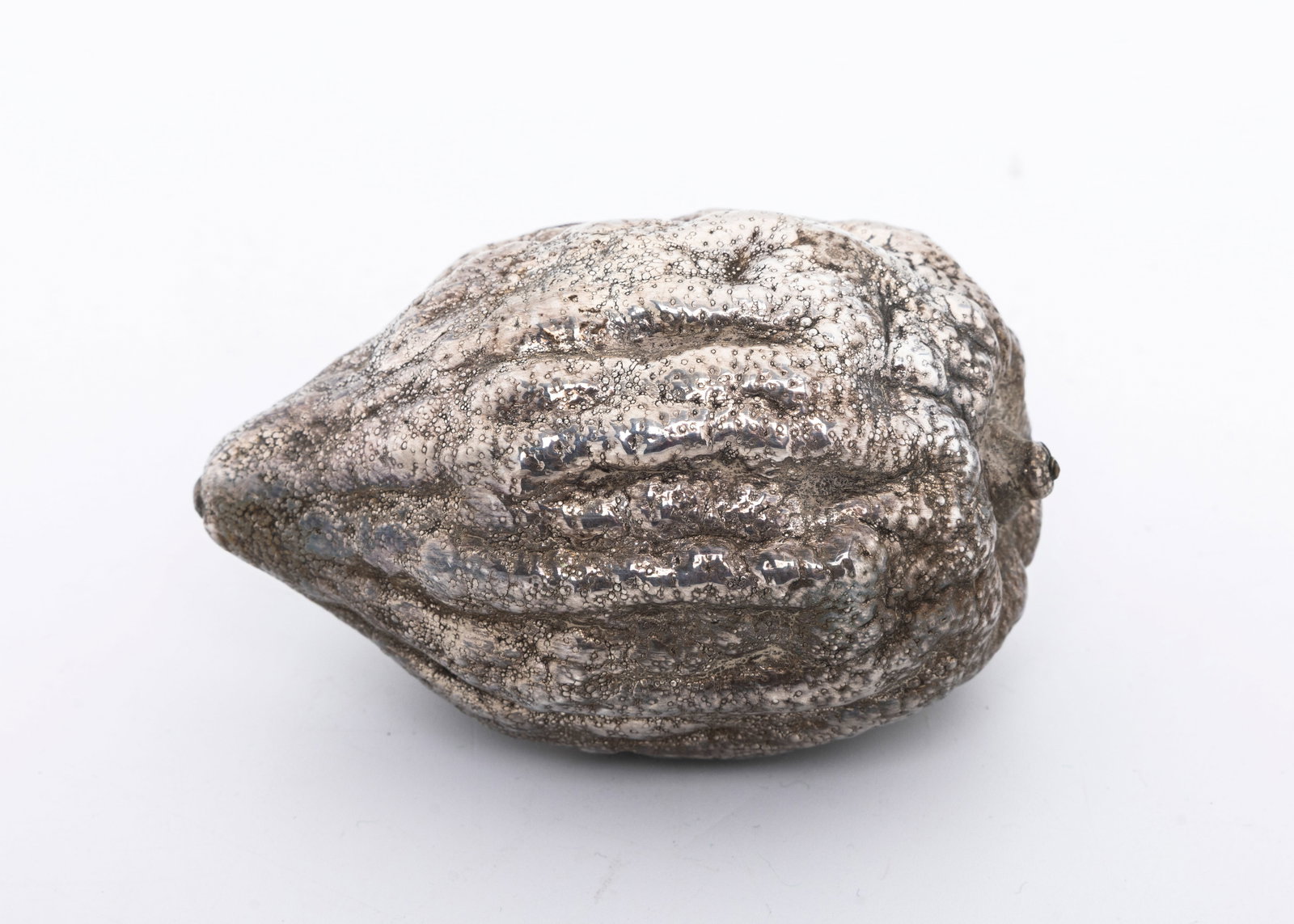 A SILVER ETROG BY SHUKI FREIMAN: Israel, c. 1990. Realistically formed. Molded from a real etrog which apparantly may still be inside. The consignor relates that he purchased this from Shuki. 171 grams total weight