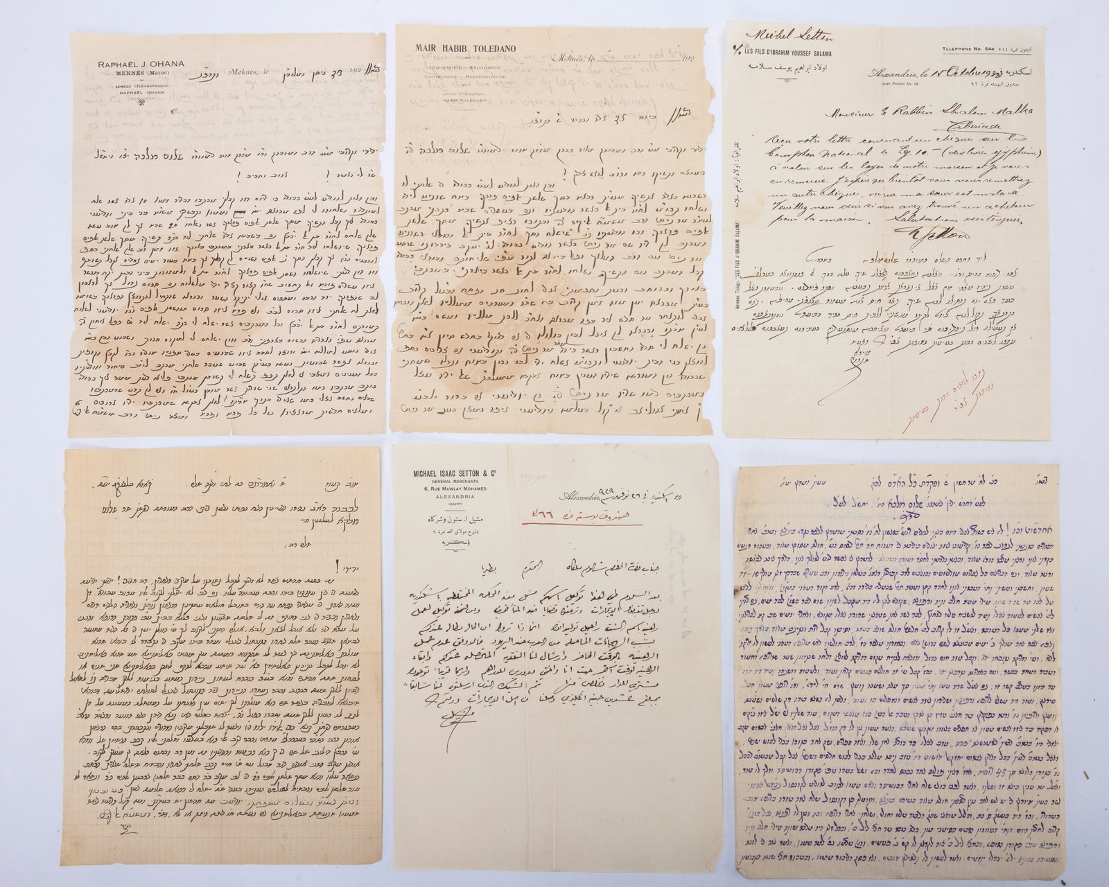 A COLLECTION OF 35 HEBREW LETTERS, MANUSCRIPTS AND DOCUMENTS. Ottoman Empire, Early 20th century: Including hand written letters, corrospondences and manuscripts from rabbis and lay-people. Countries include Algeria, Egypt, Palestine, Morocco and others. Moslty written in Hebrew with some Arabic