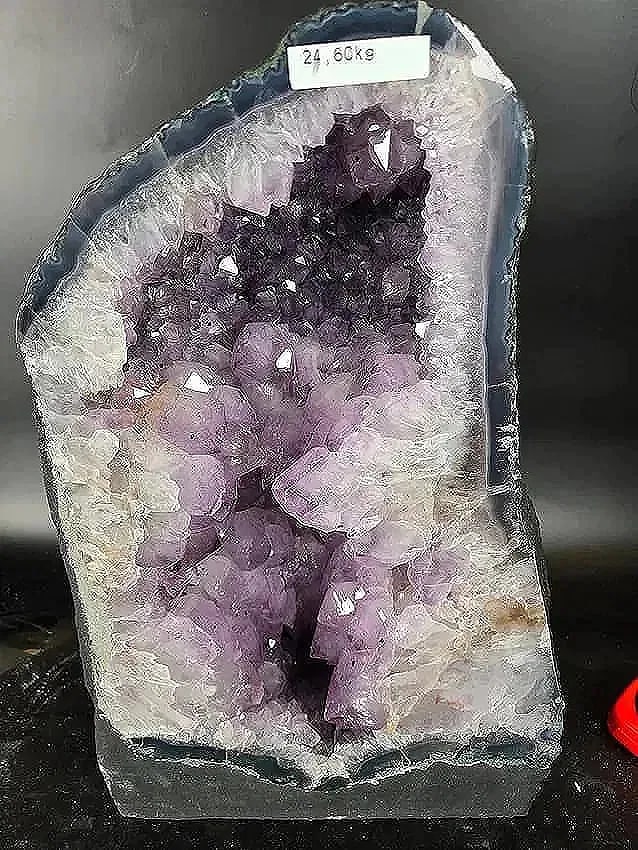 AMETHYST CATHEDRAL GEODE WITH POLISHED EDGES: 15.5" TALL AND 9.5" AT IT'S WIDEST, 24.6 KILOGRAMS