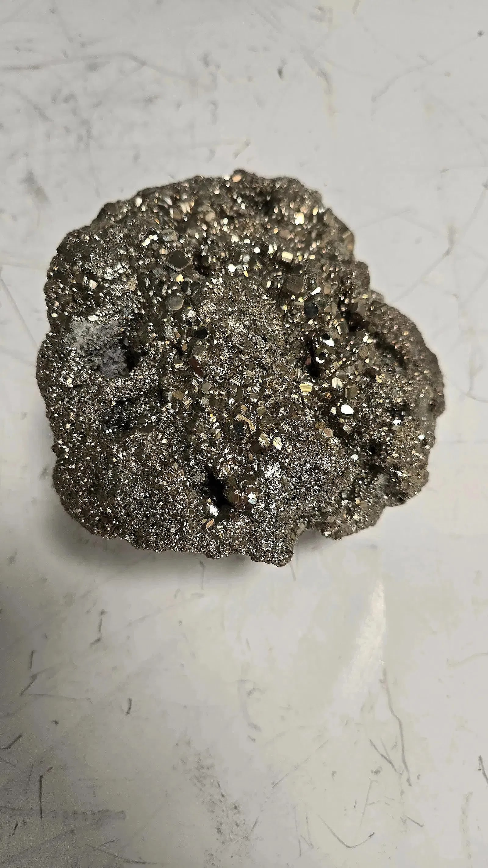 PYRITE “FOOL’S GOLD" FORMATION: 4.7” x 3” x 4.2”. Weight is 1627.8 grams.