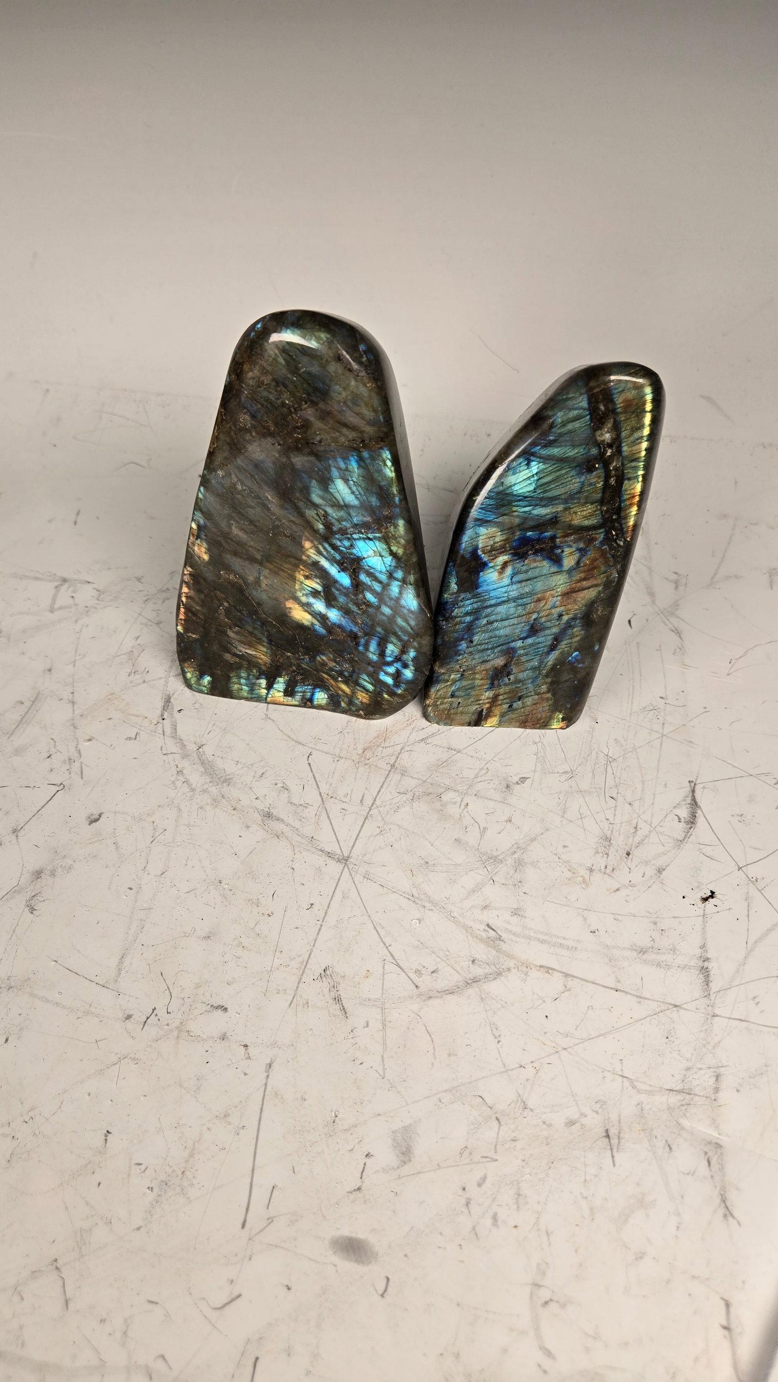 TWO POLISHED LABRADORITE FORMATIONS: Approximately 5" tall each.