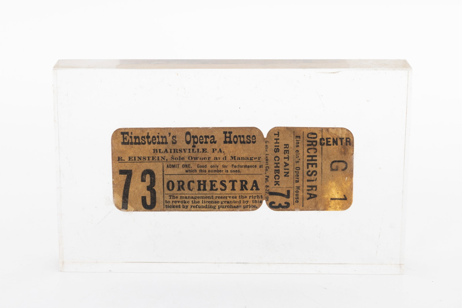 AN ENCASED TICKET FROM EINSTEIN'S OPERA HOUSE BLAIRSVILLE, PA (1 of 1)