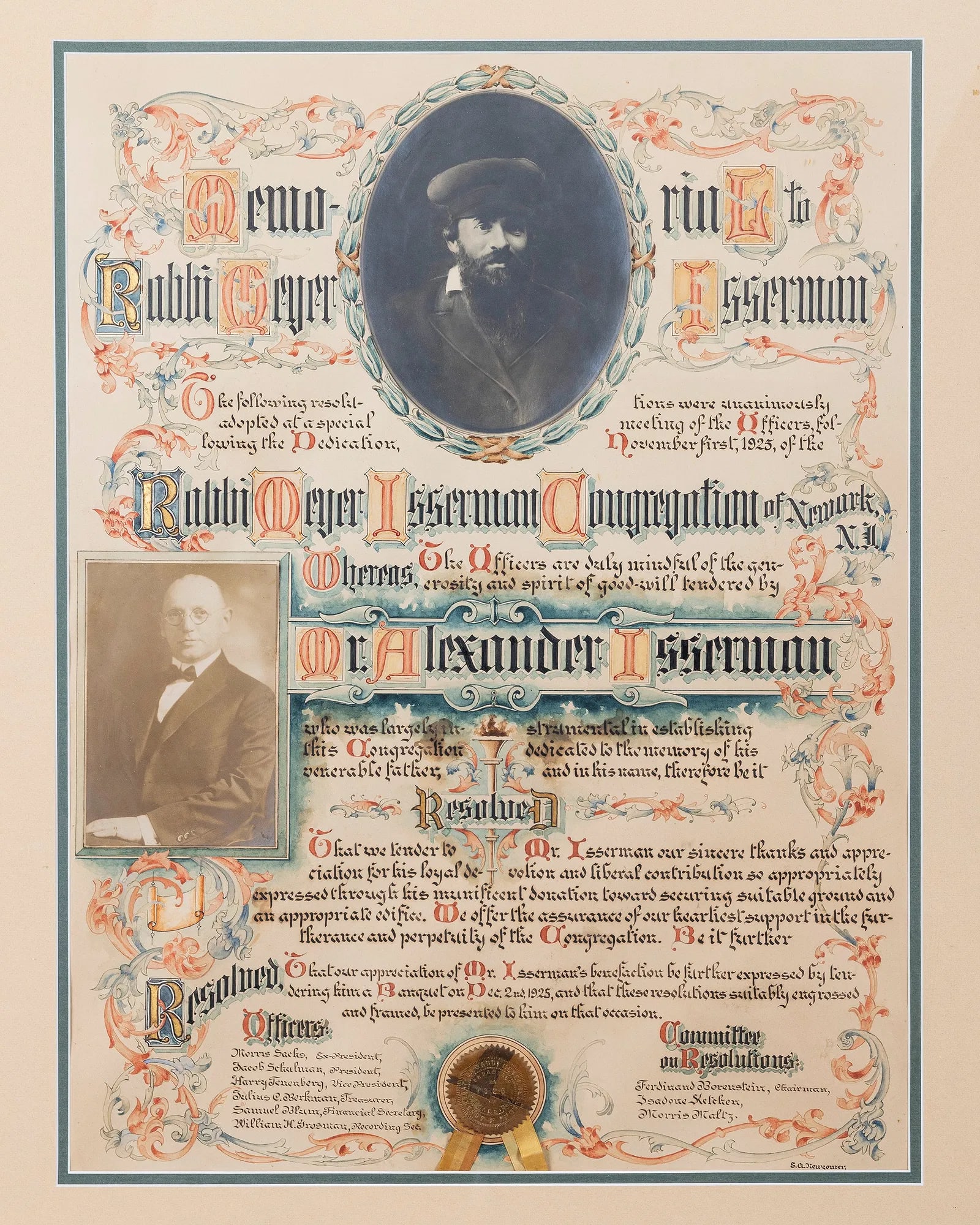 A HAND DRAWN MEMORIAL TO RABBI MEYER ISSERMAN. Newark, c. 1925. (1 of 1)