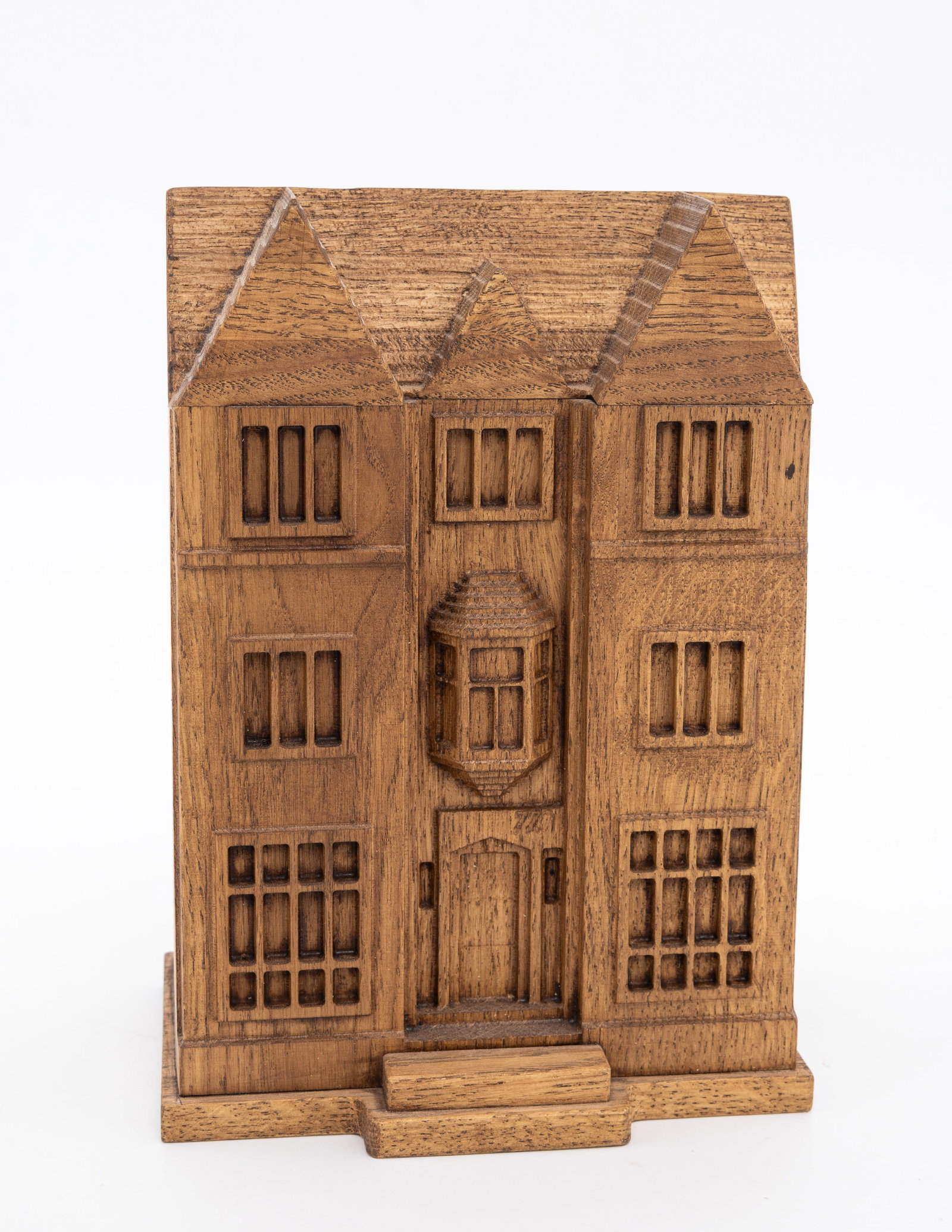 A LARGE WOODEN CHARITY CONTAINER IN THE SHAPE OF 770 CHABAD: About 8" tall. Hand crafted in Israel in the shape of Chabad Lubavitch World Headquarters.