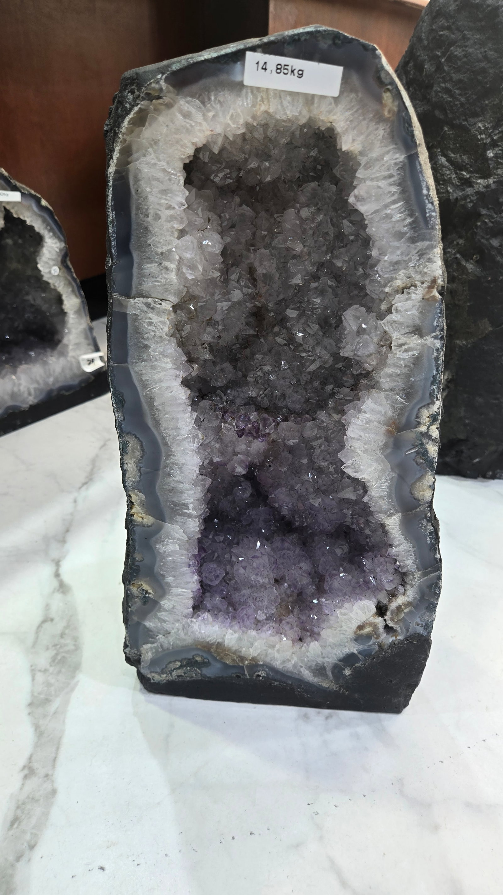 AN AMETHYST GEODE WITH POLISHED EDGES - GORGEOUS: 14.85kg and 14" tall, nice purple color