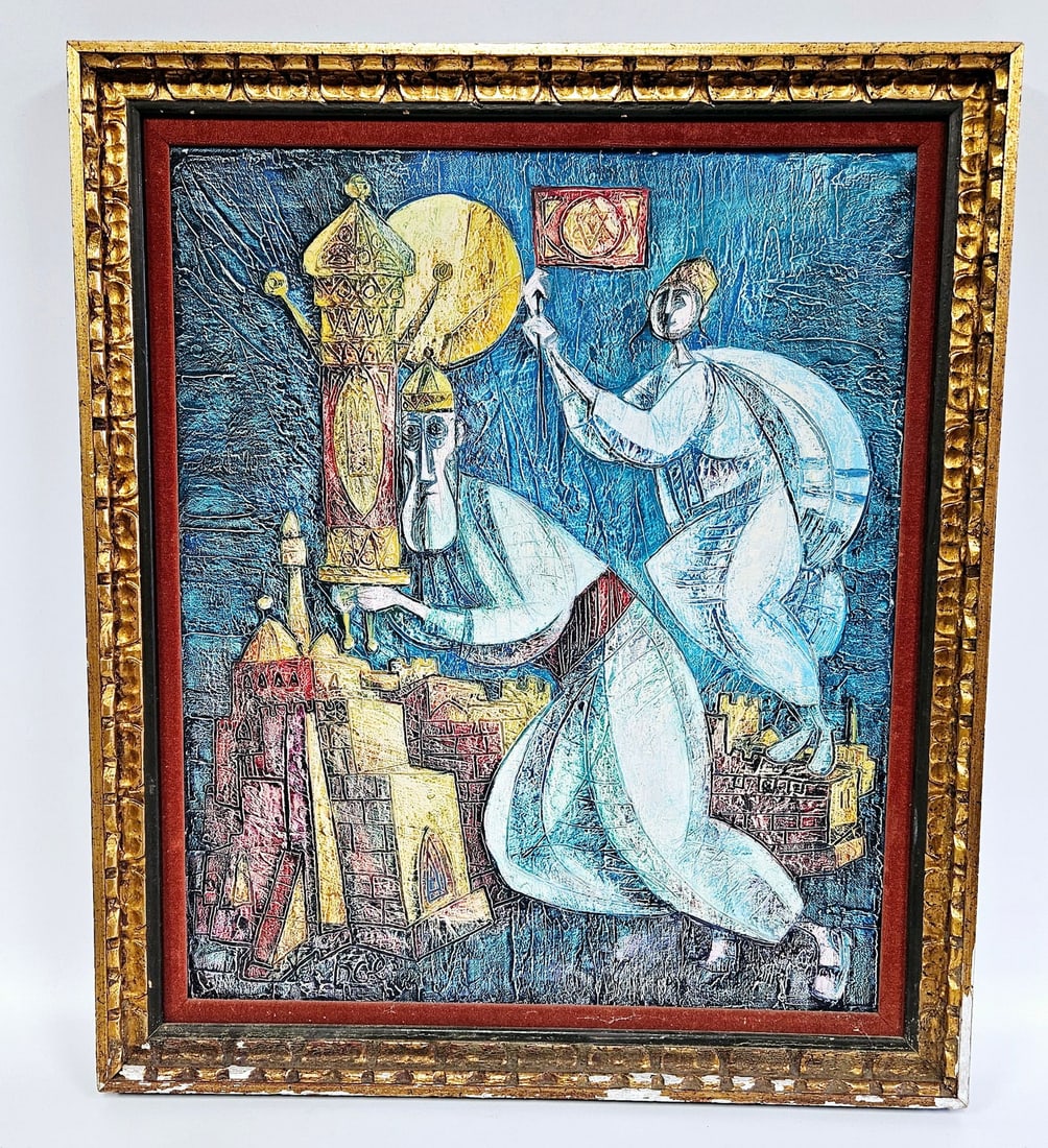 YOSSI STERN - OIL ON CANVAS Original painting of a rabbinical figure holding a Torah over Jerusalem. (1 of 4)