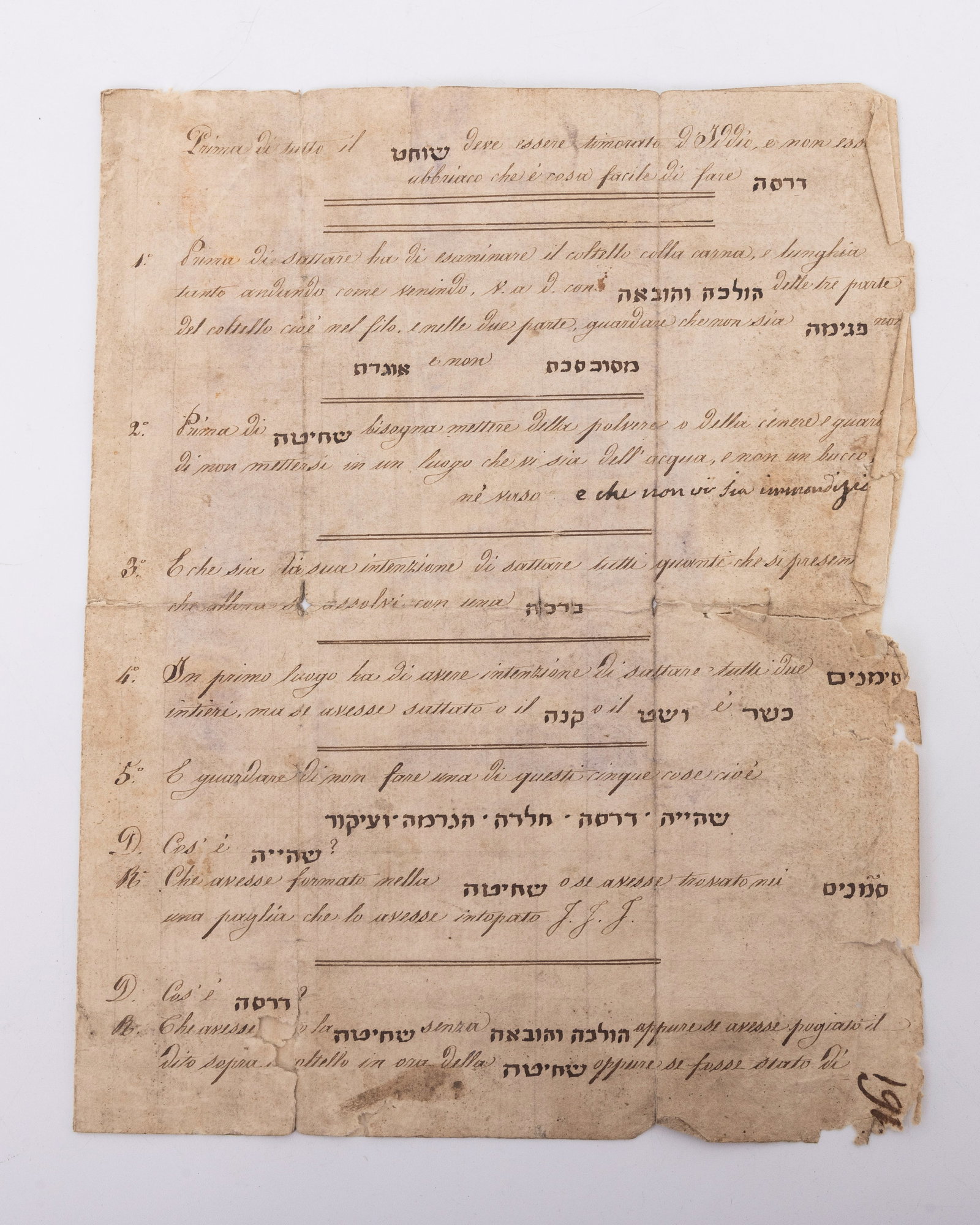 AN EARLY SYNOPSYS OF THE LAWS OF SHECHITA, Italy, c. 1780: Written in Italian and Hebrew. Four sided document.