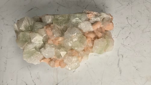 A LARGE GREEN APOPHYLITE WITH STILBITE SPECIMEN INDIA: Nice color and cubist crystals. 9" wide.
