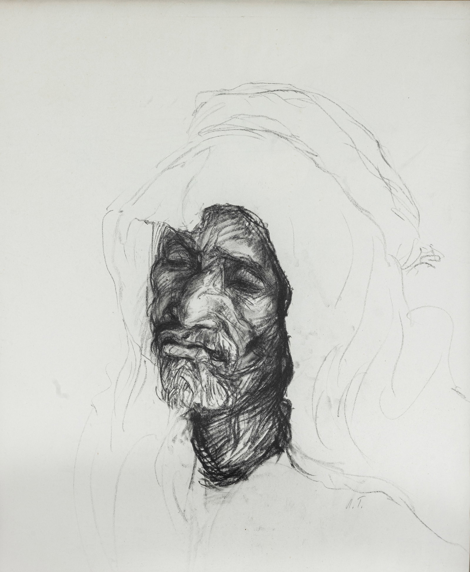 ANNA TICHO (1894, Brno - 1980, Jerusalem): Pencil drawing on paper. Elderly Middle Eastern Woman. With original certifcate from the Engel Gallery in Israel. 