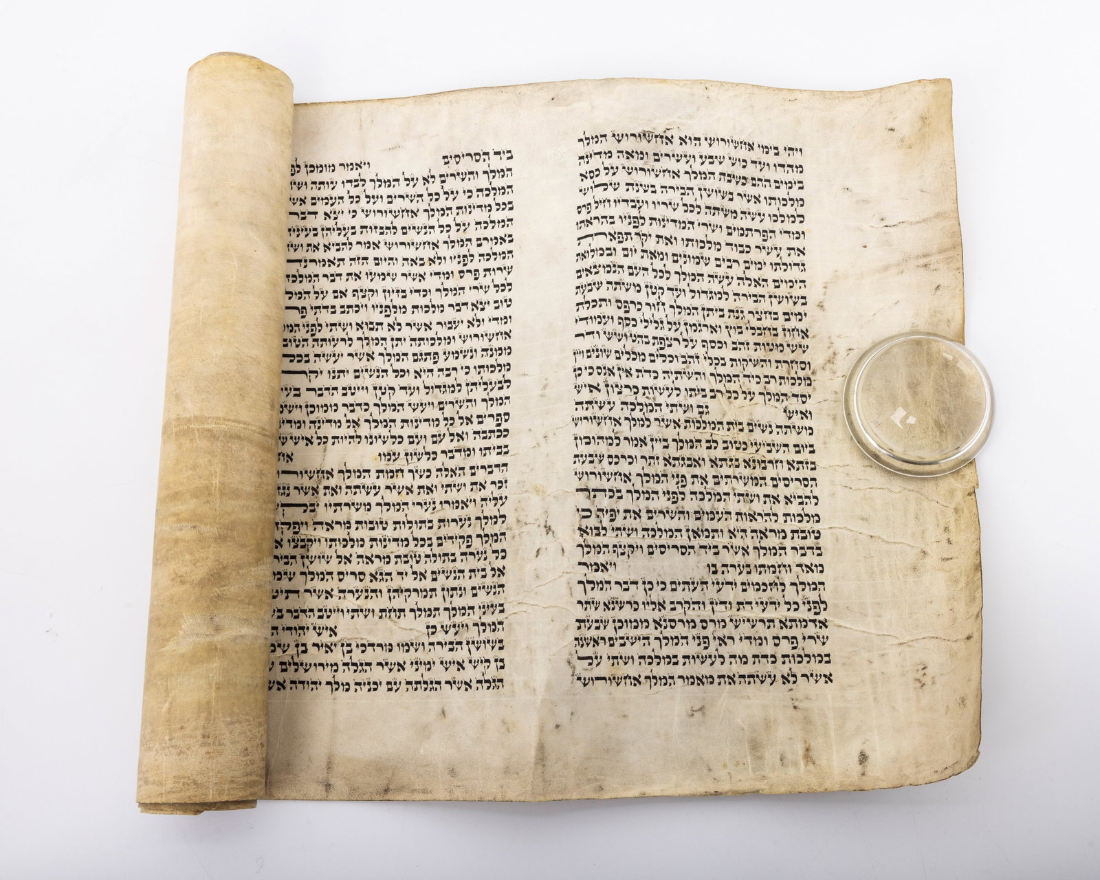 A MEGILLAT ESTHER. Poland, c. 1920: Asheknaz Beis Yosef on natural klaf. Some wear, but mostly in decent shape. 14.7" tall. Gotlieb