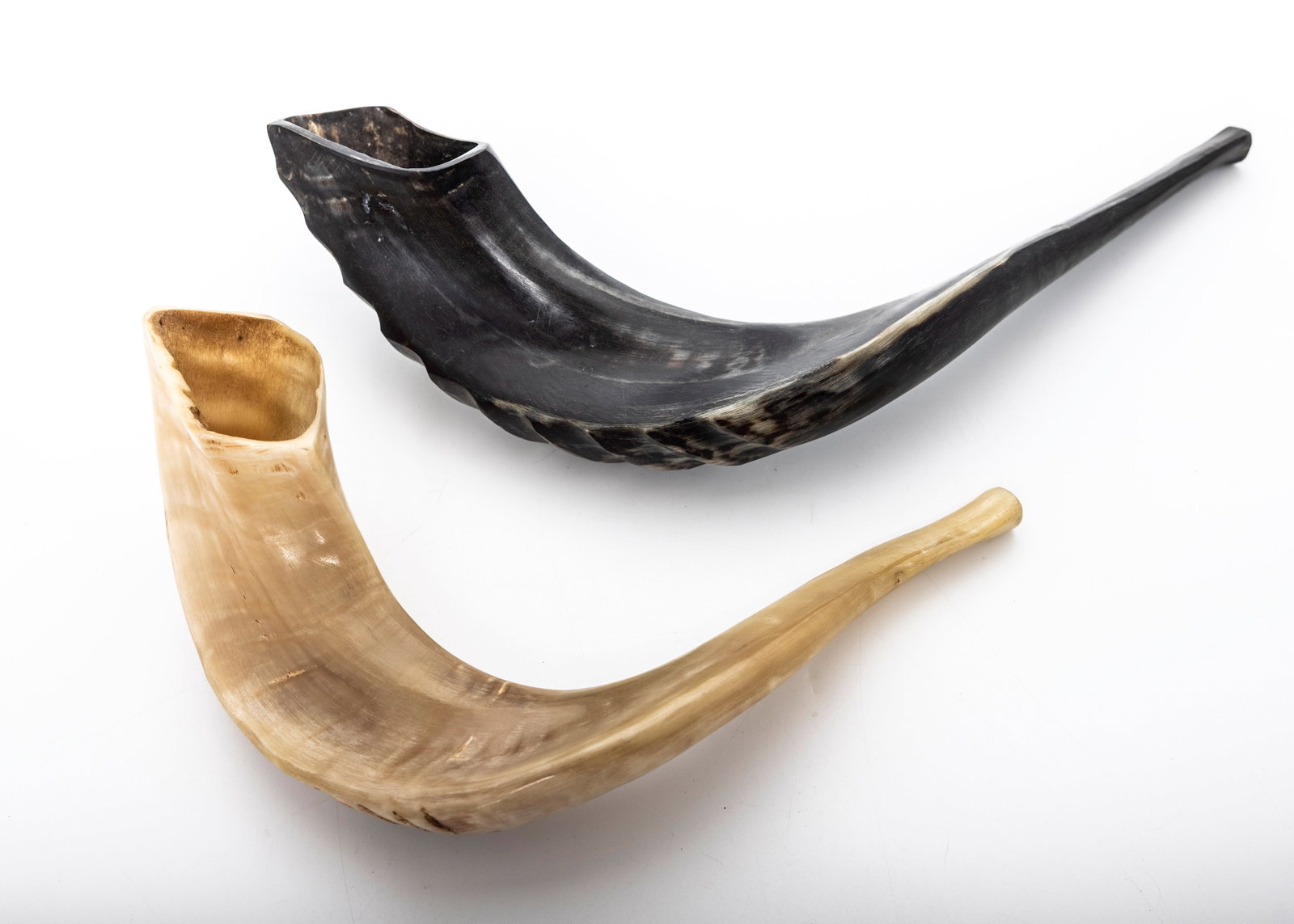 TWO VINTAGE HAND CARVED SHOFARS.: Hand carved from ram's horns. Polished. the larger one is 12.5" tip to tip