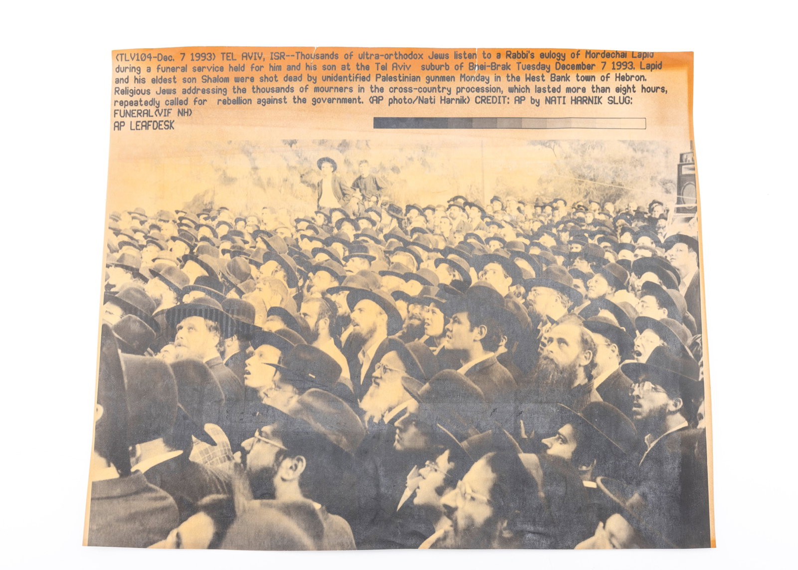 AN ORIGINAL PRESS PHOTOGRAPH OF THE FUNERAL OF MORDECHAI AND SHALOM LAPID: December 7, 1993, Israel. Mordechai Lapid, a world famous Jewish refusenik who defeated the Soviet Union and risked his life to leave Russia and come to Israel so he can live as a Jew. He was