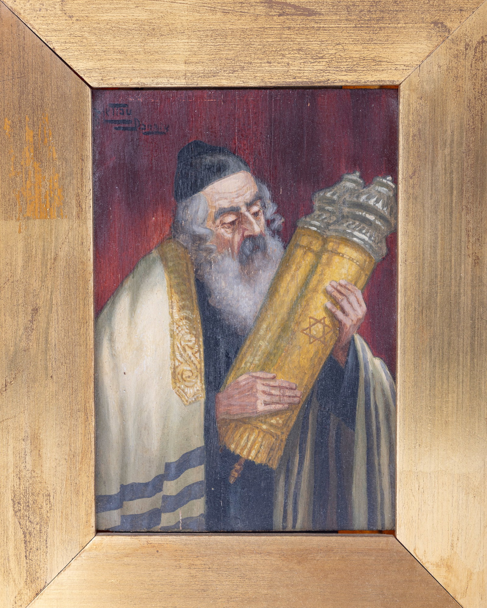 OIL ON BOARD. Danzig, c. 1880. Chassidic man holding torah. Signed F Lettau, And Danzig. 5.8" x 4" (1 of 2)