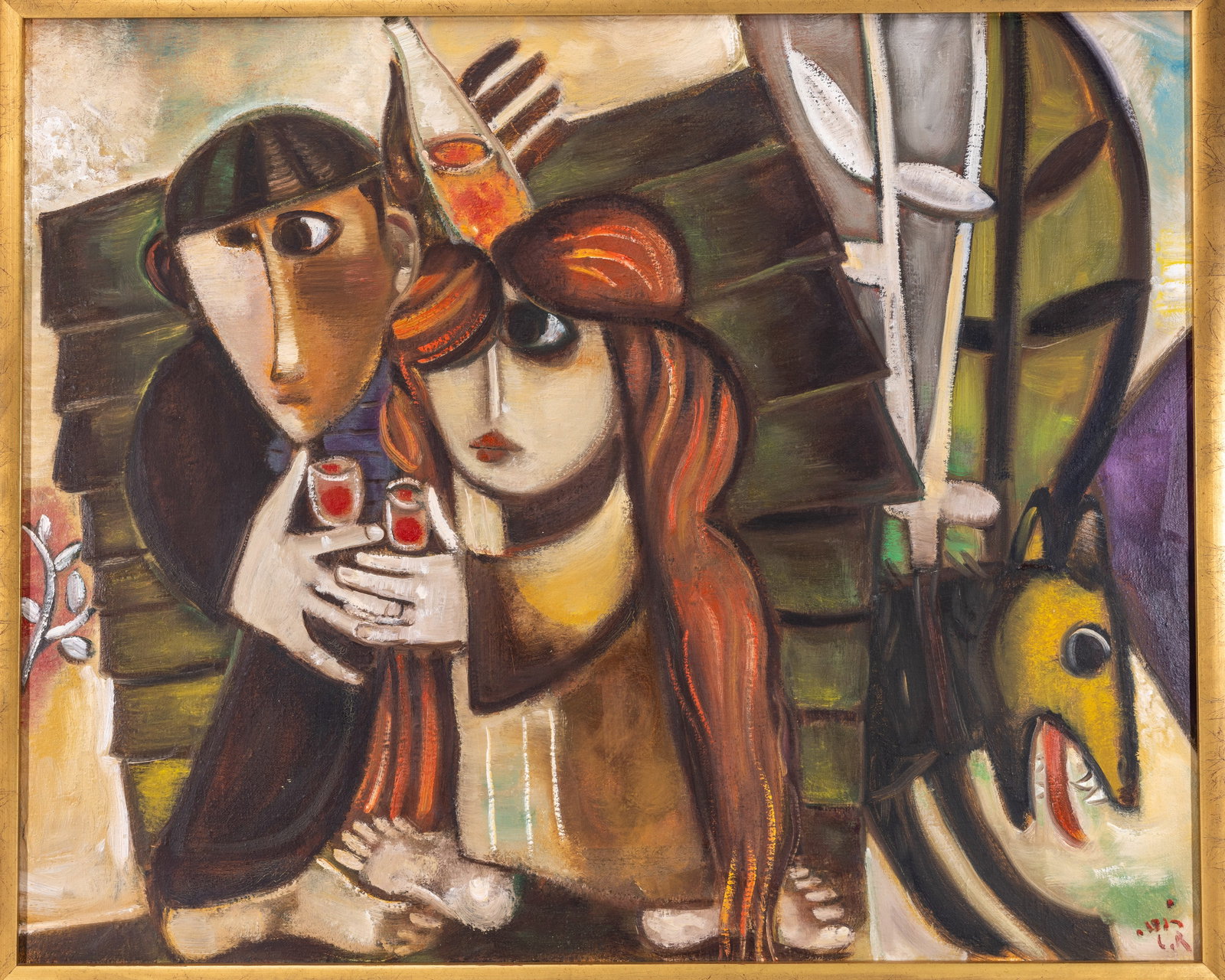 LEO ROTH (israeli 1914 - 2002). Oil on canvas.: A man and a woman holding glasses of wine. c. 1990