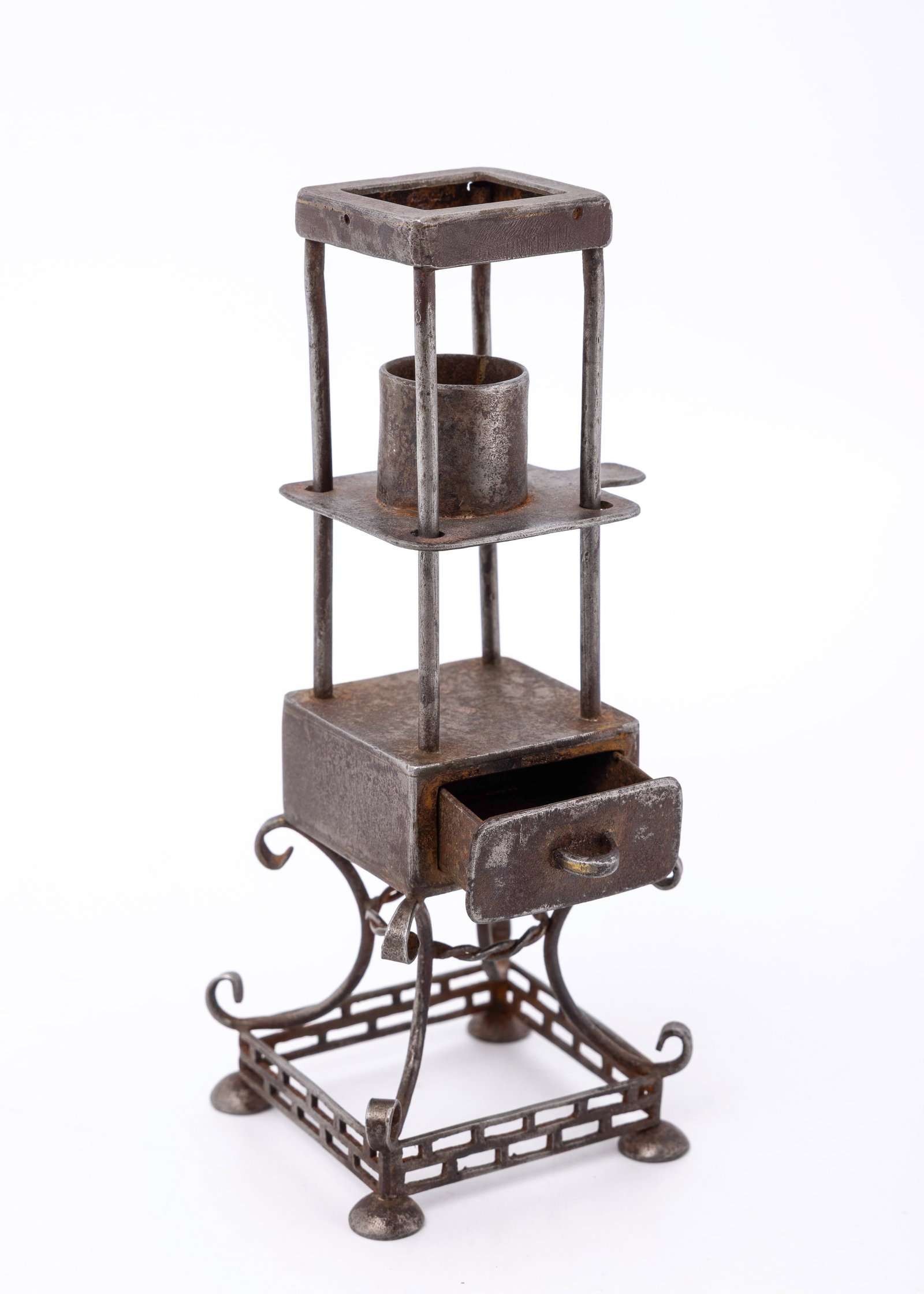AN EARLY METAL HAVDALAH COMPENDIUM. Probably Germany,19TH century. With a removable drawer and slidi: AN EARLY METAL HAVDALAH COMPENDIUM. Probably Germany,19TH century. With a removable drawer and sliding candle 6"2 tall.