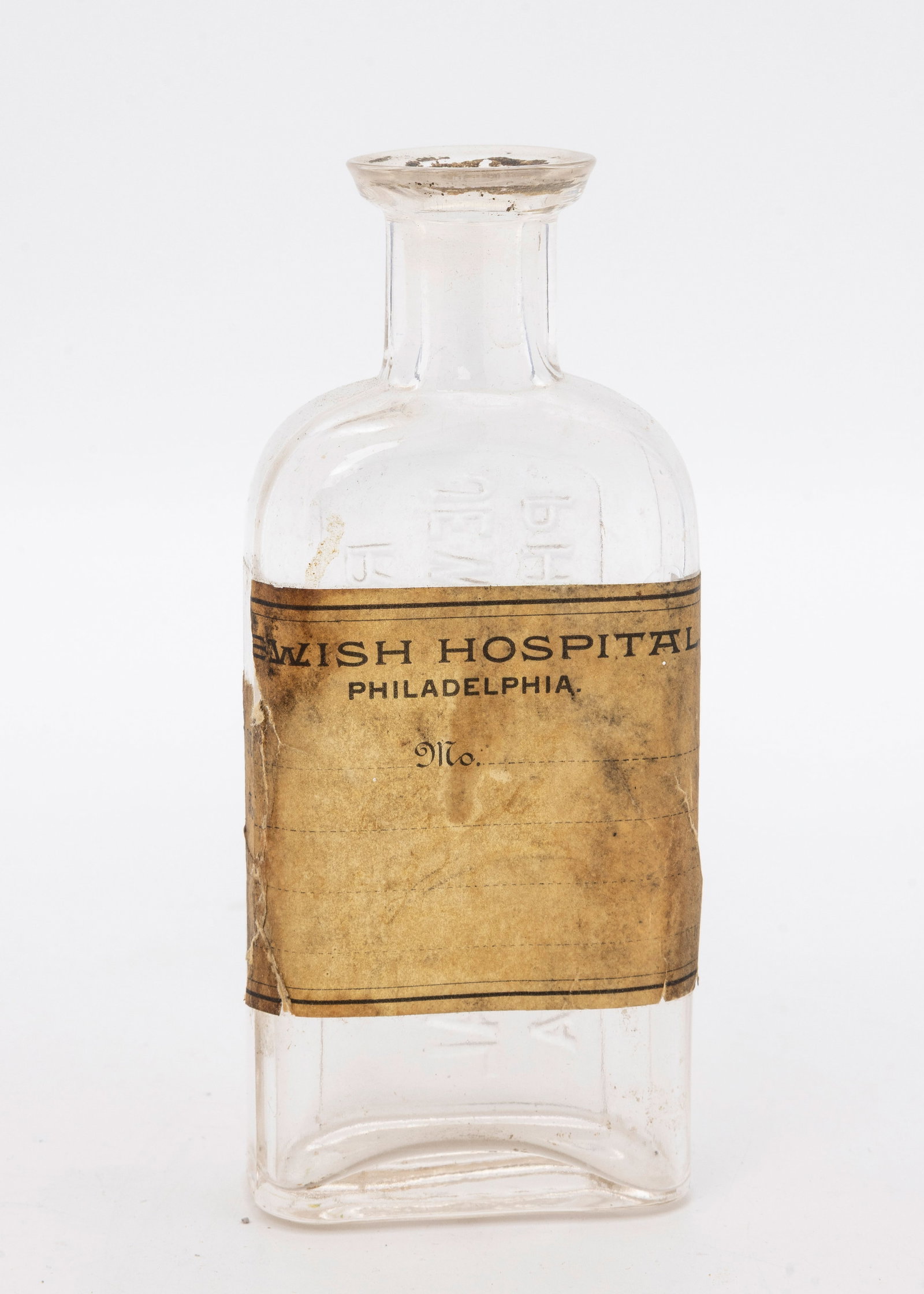 A RARE GLASS ANTIQUE MEDICINE BOTTLE FROM THE PHILADELPHIA JEWISH HOSPITAL. (1 of 3)