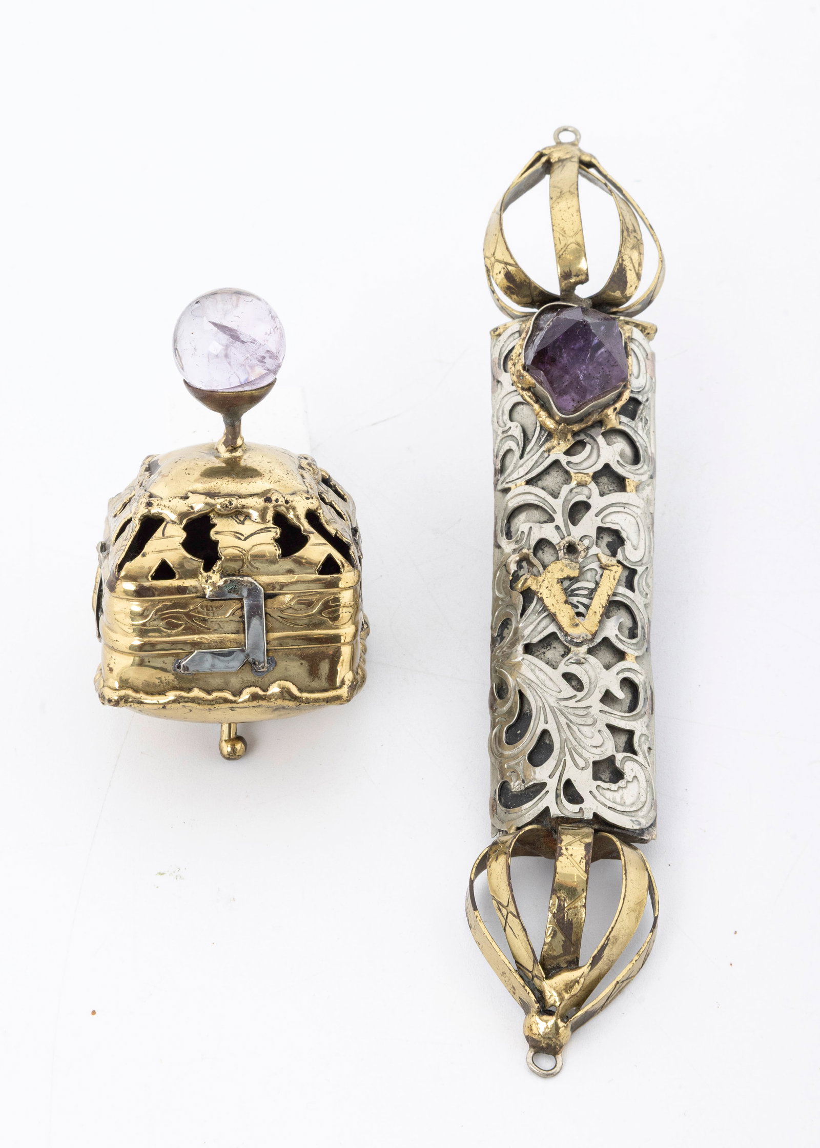 A HANDCRAFTED MEZUZAH AND DREIDEL. Probably Israel, c. 1990.: Hand wrought from brass and silver plated. Arts and crafts.