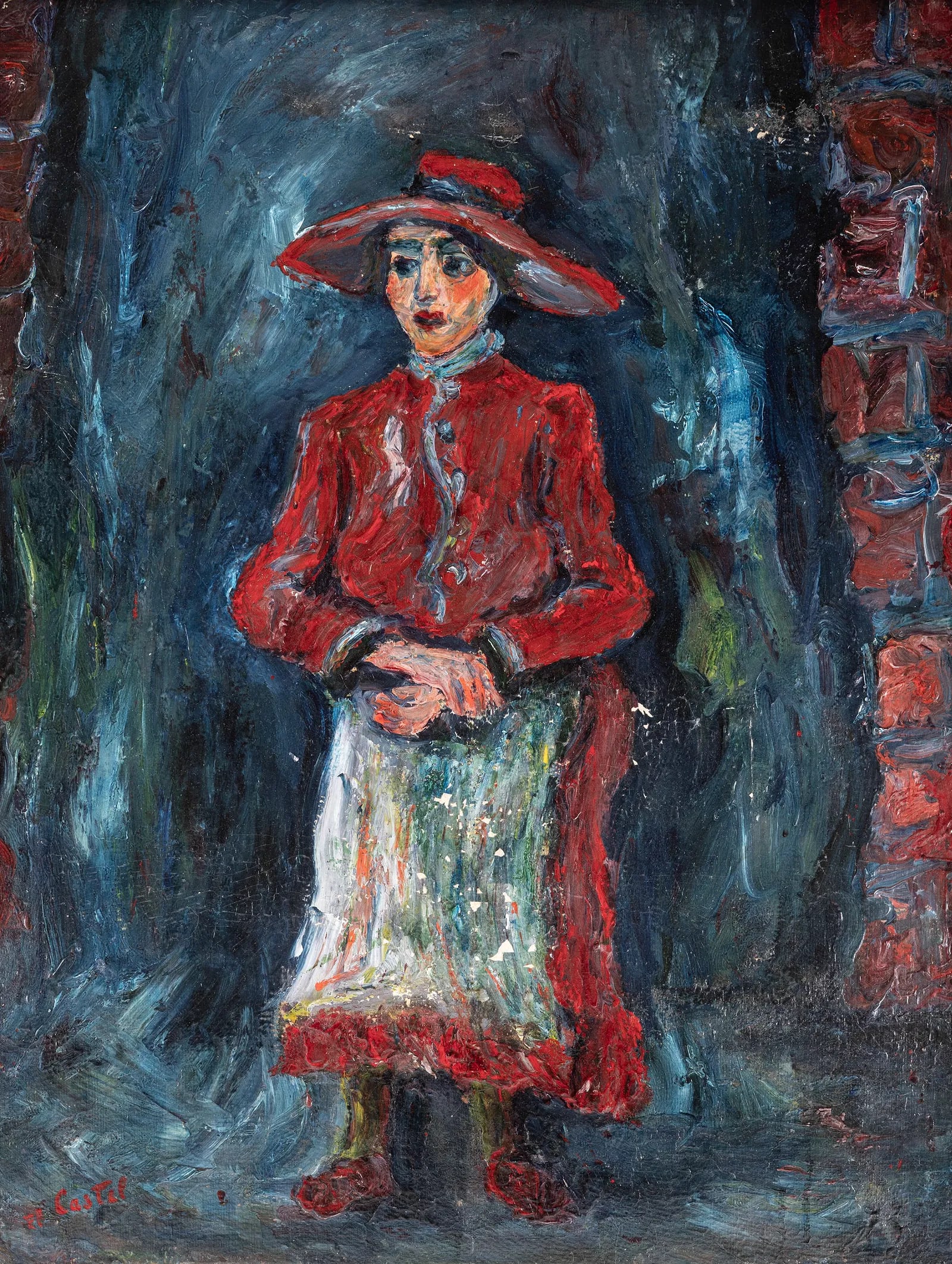 MOSHE CASTEL. (Israel 1901 - 1991): Oil on cardboard laid down on canvas. "THE REDHEAD FROM JERUSALEM", C. 1928. With original wax seal ofthe Engel gallery in Jerusalem. Paint loss to center and other portion of the painting 19.7" x 25.