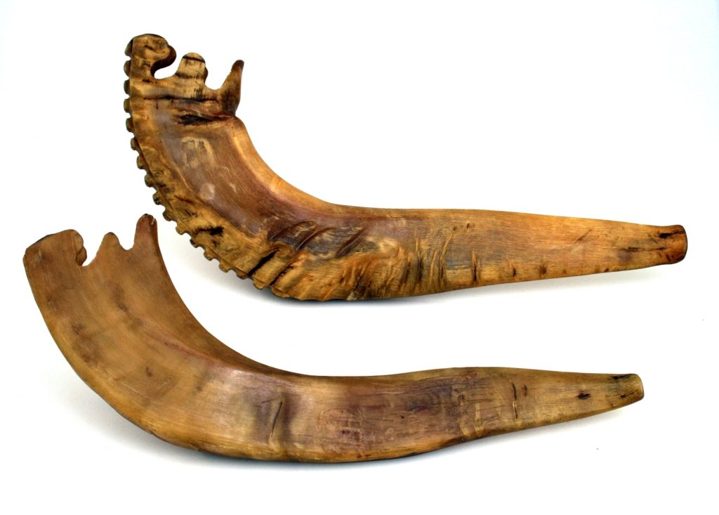 TWO ANTIQUE SHOFARS. Germany, 19th century. Carved by h: TWO ANTIQUE SHOFARS. Germany, 19th century. Carved by hand. 11” long each.