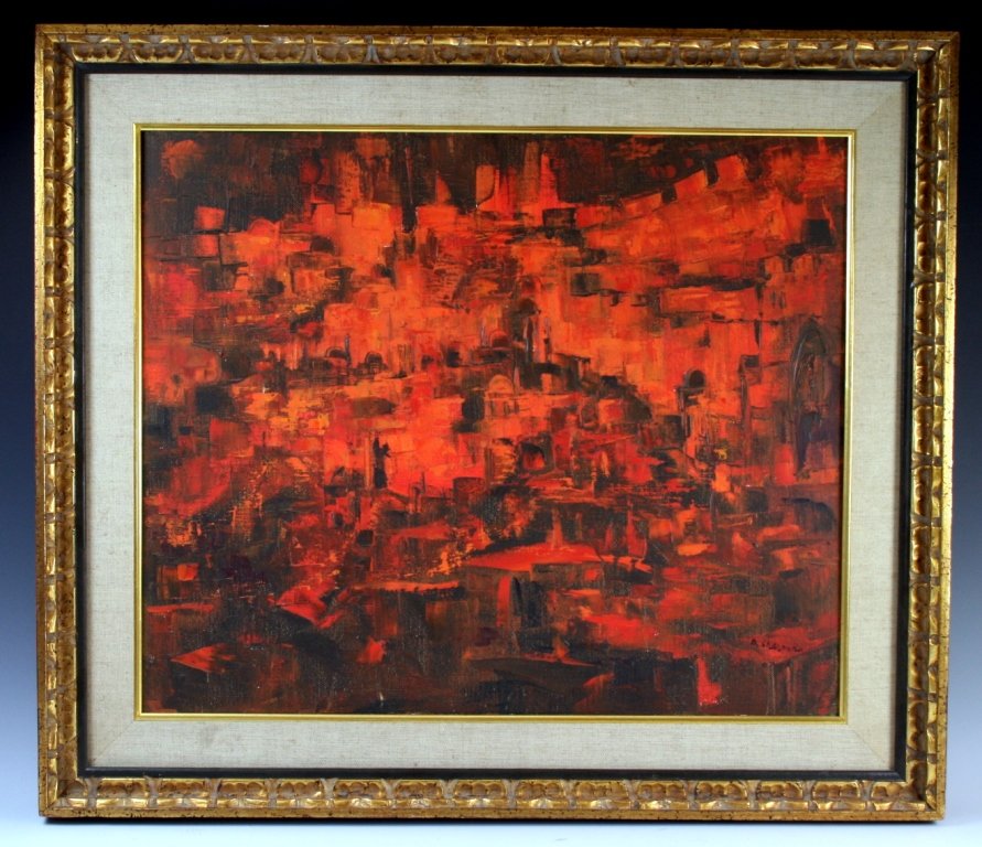 A PAINTING BY A. SHERMAN. Israel, c.1980. Jerusalem in: A PAINTING BY A. SHERMAN. Israel, c.1980. Jerusalem in red. 12" x 23". Estimate $100 - 200