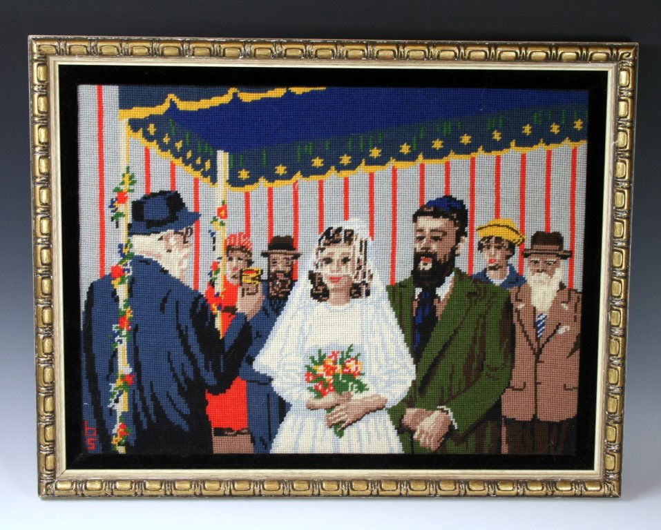 A LARGE NEEDLEPOINT. USA, c. 1950. Depicting a Jewish: A LARGE NEEDLEPOINT. USA, c. 1950. Depicting a Jewish wedding scene. 14" x 20" Estimate $40 - 60