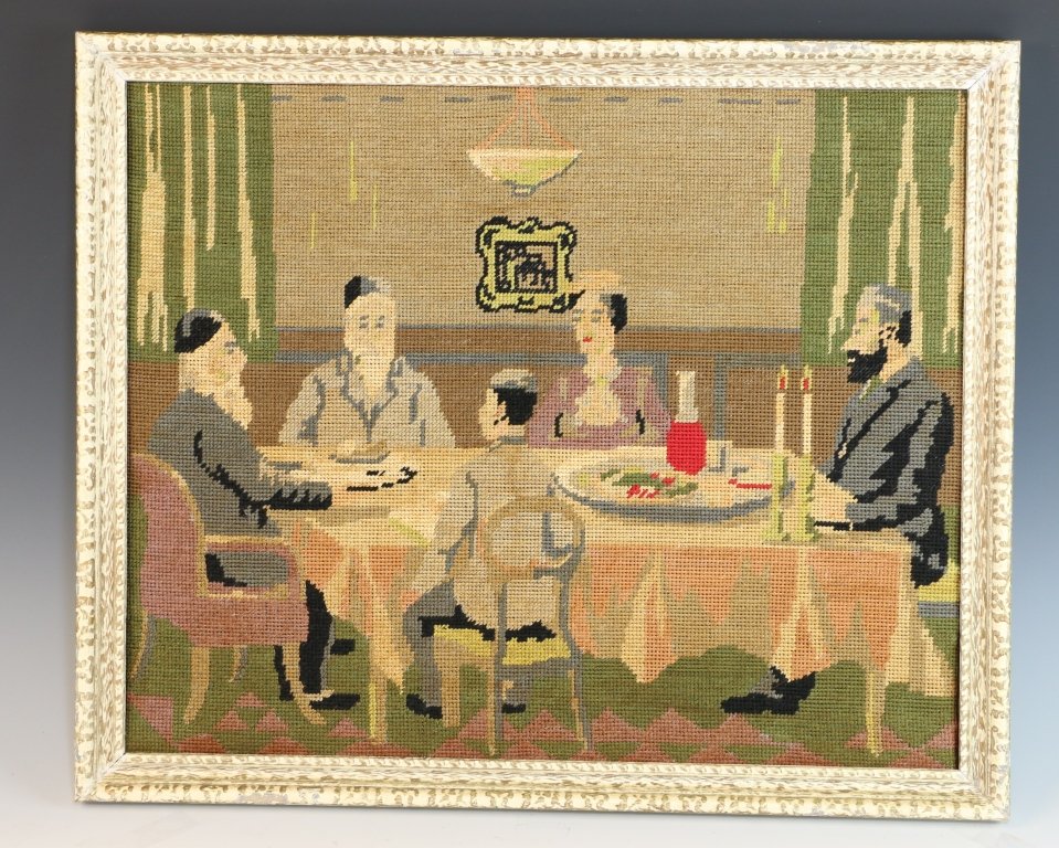 AN EARLY JUDAIC NEEDLEPOINT. Probably New York, c.: AN EARLY JUDAIC NEEDLEPOINT. Probably New York, c. 1930. Showing an orthodox family at Sabbath dinner. 17” x 14”.