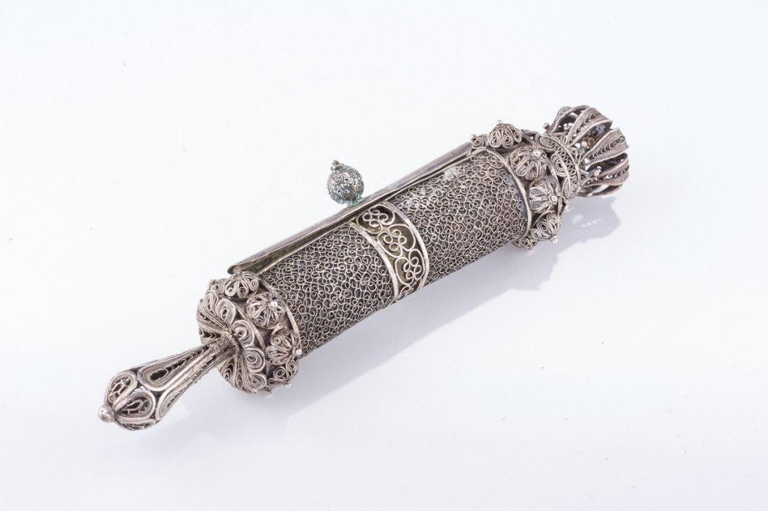 A SILVER FILIGREE MEGILLAH CASE WITH MEGILLAH BY: A SILVER FILIGREE MEGILLAH CASE WITH MEGILLAH BY BEZALEL. Palestine, early 20th century. Made completely of filigree. Later additions and repairs.